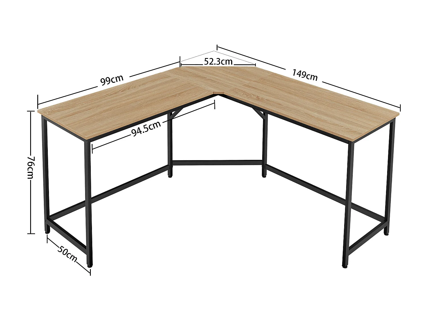 Bureau d'angle Valora – Chêne Sonoma avec cadre en acier noir 149 x 149