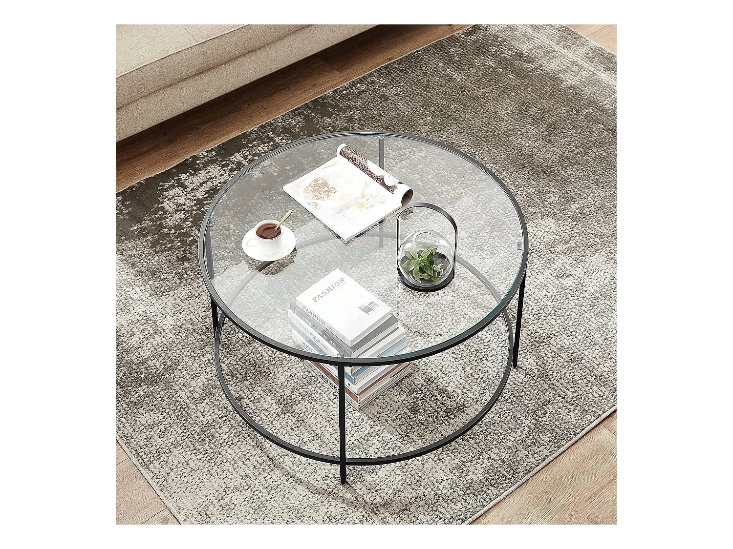 Table basse ronde verre Valora acier noir cadre salon/salle à manger