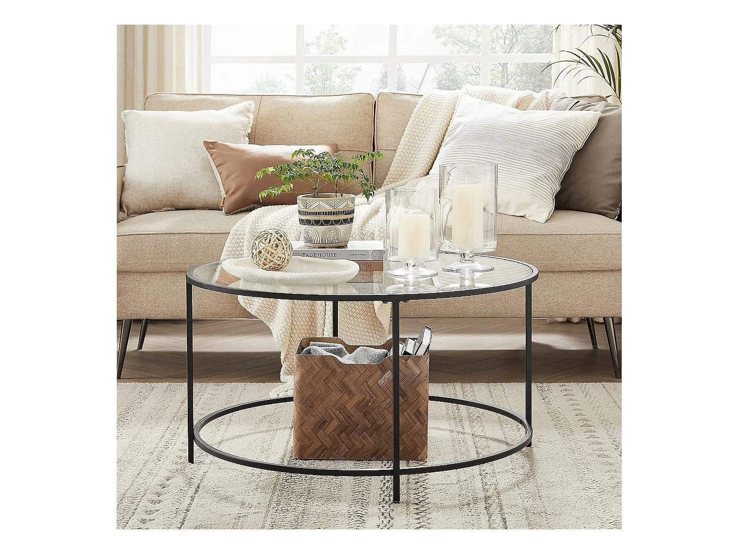 Table basse ronde verre Valora acier noir cadre salon/salle à manger