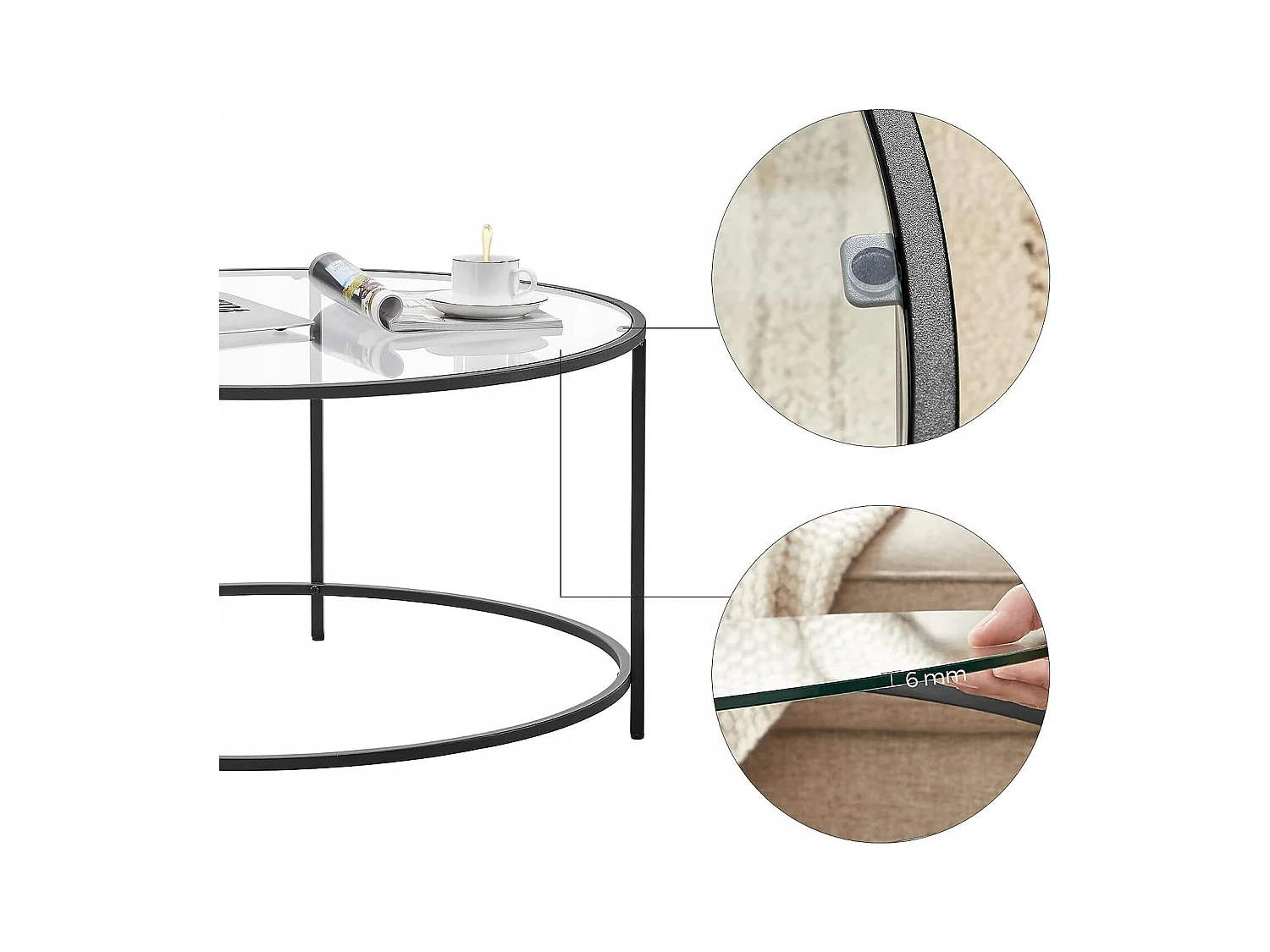 Table basse ronde verre Valora acier noir cadre salon/salle à manger