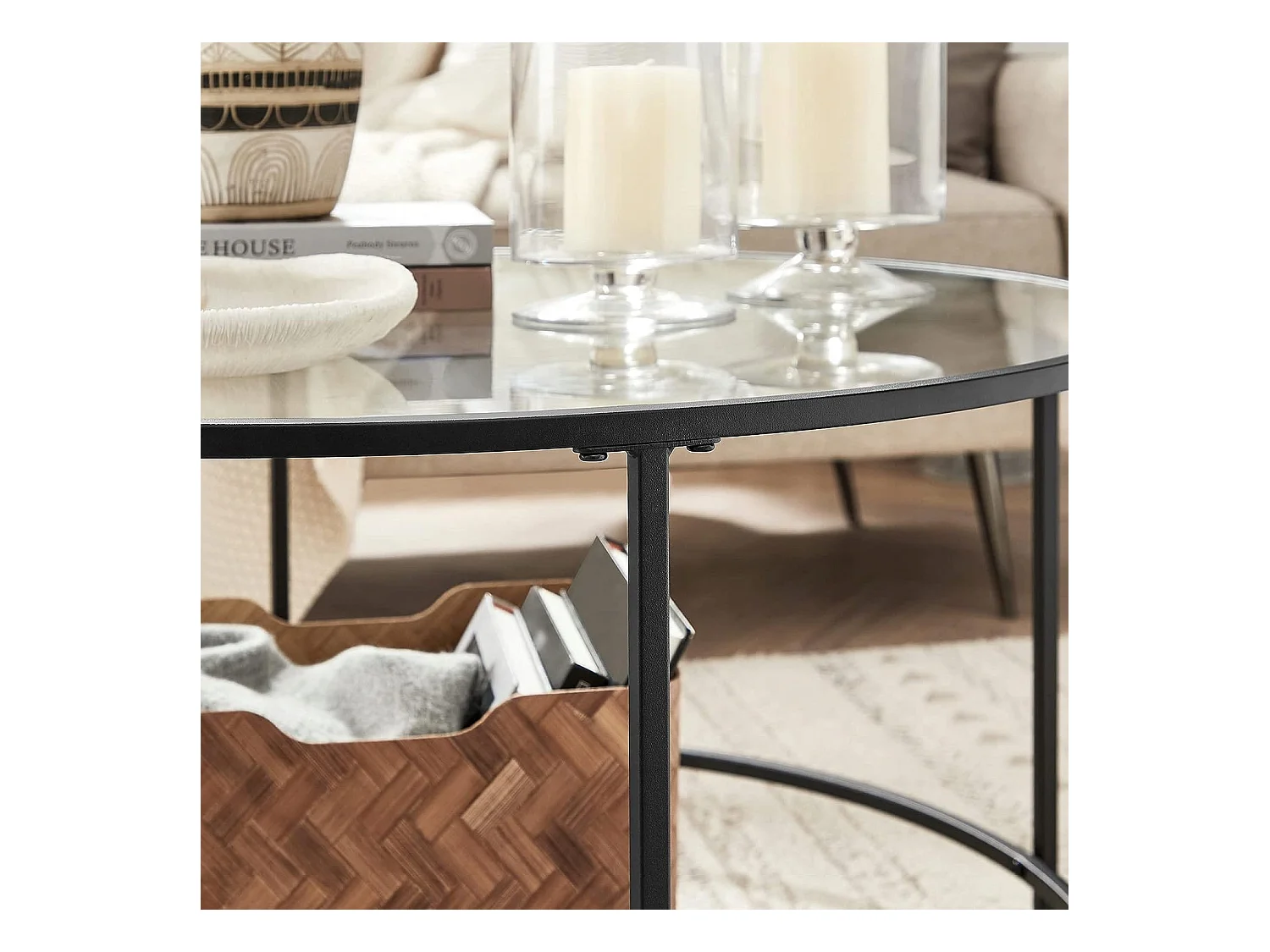 Table basse ronde verre Valora acier noir cadre salon/salle à manger