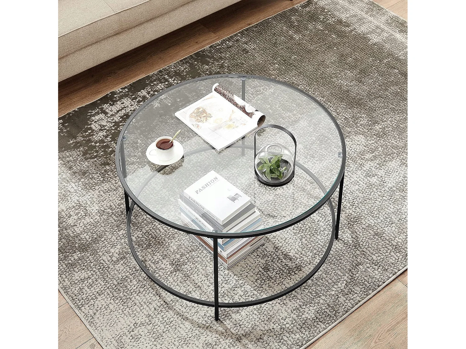 Table basse ronde verre Valora acier noir cadre salon/salle à manger