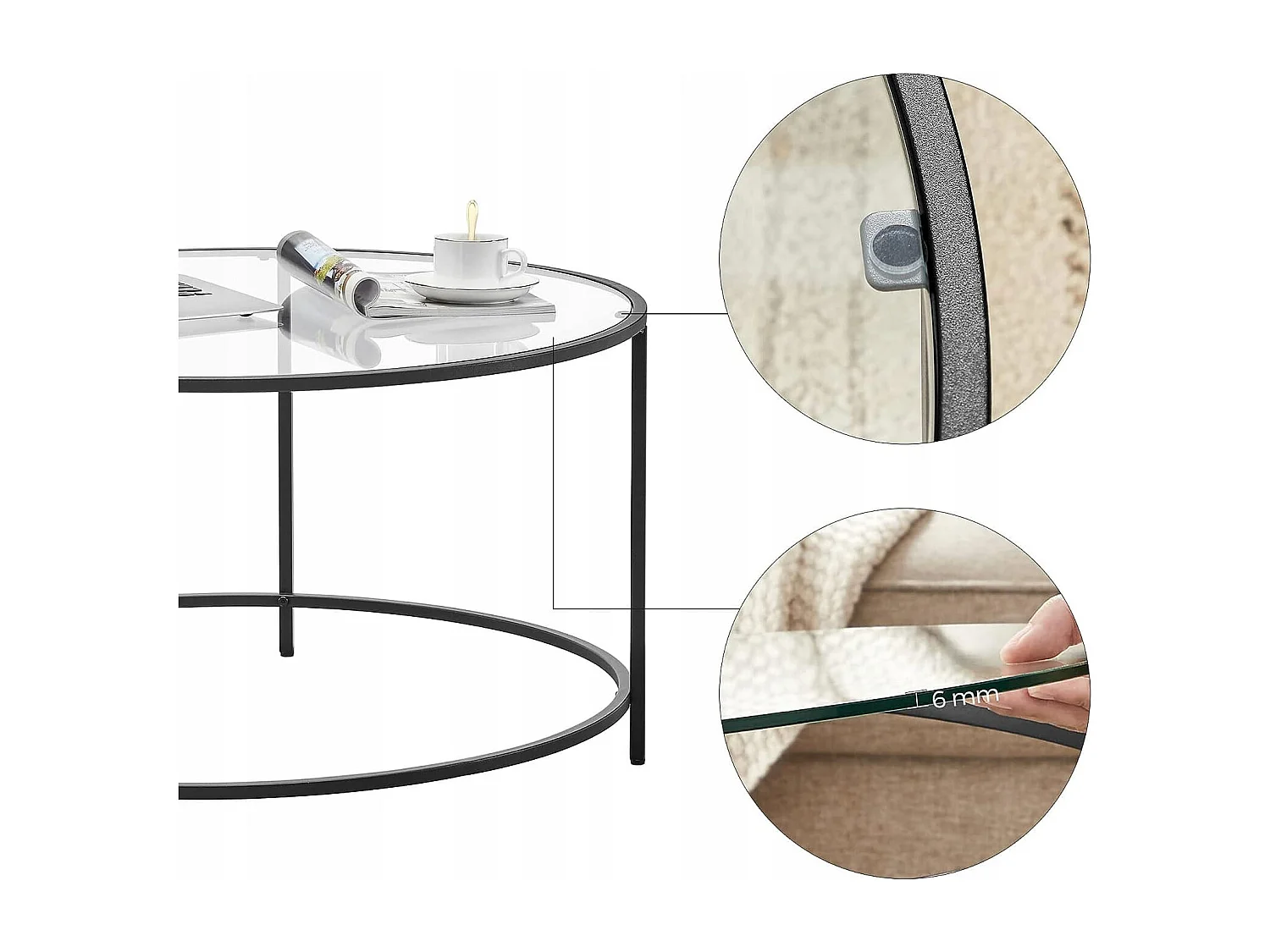 Table basse ronde verre Valora acier noir cadre salon/salle à manger