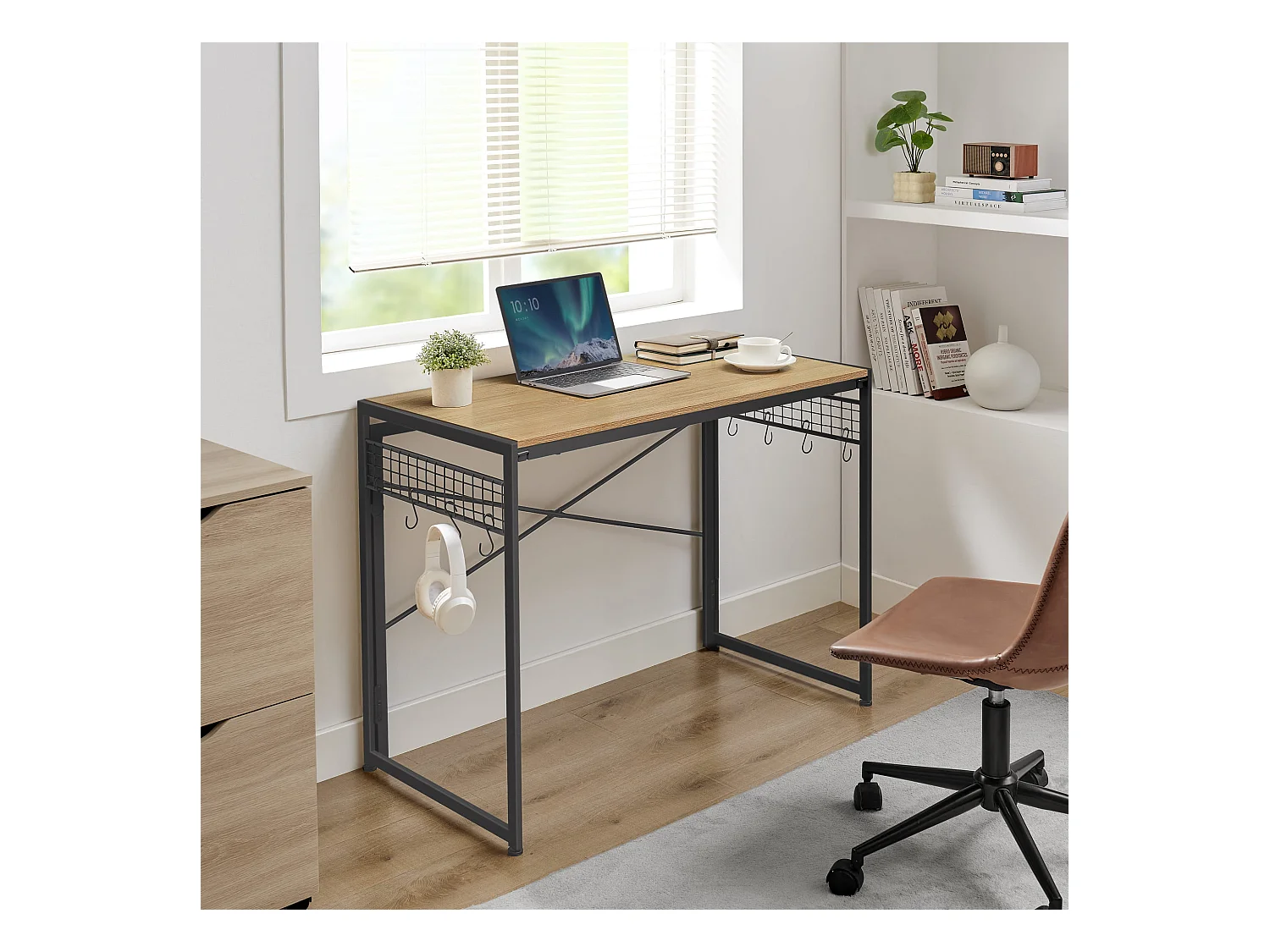 Bureau ordinateur Valora chêne Sonoma cadre acier noir 100x50 avec crochets