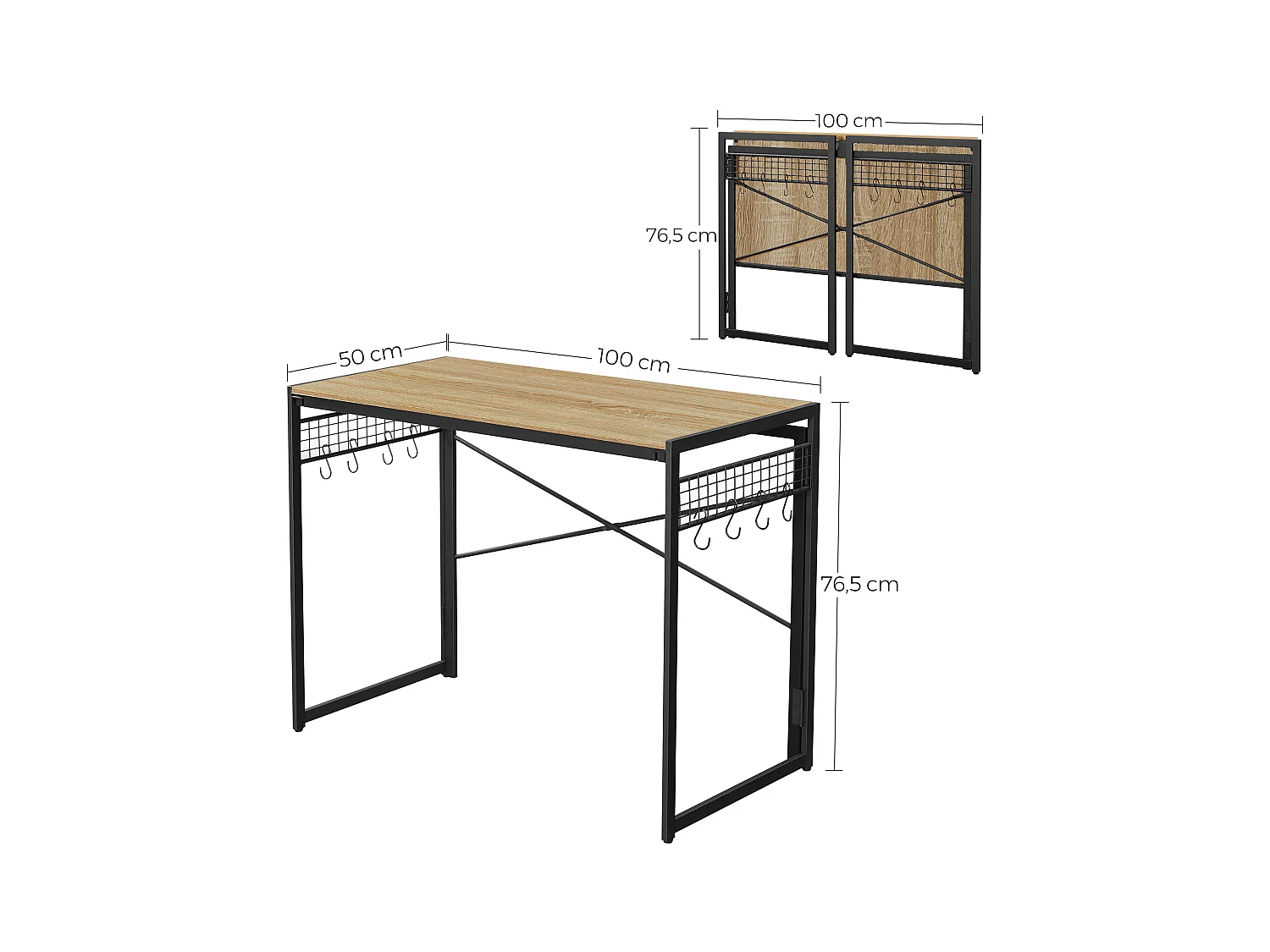 Bureau ordinateur Valora chêne Sonoma cadre acier noir 100x50 avec crochets