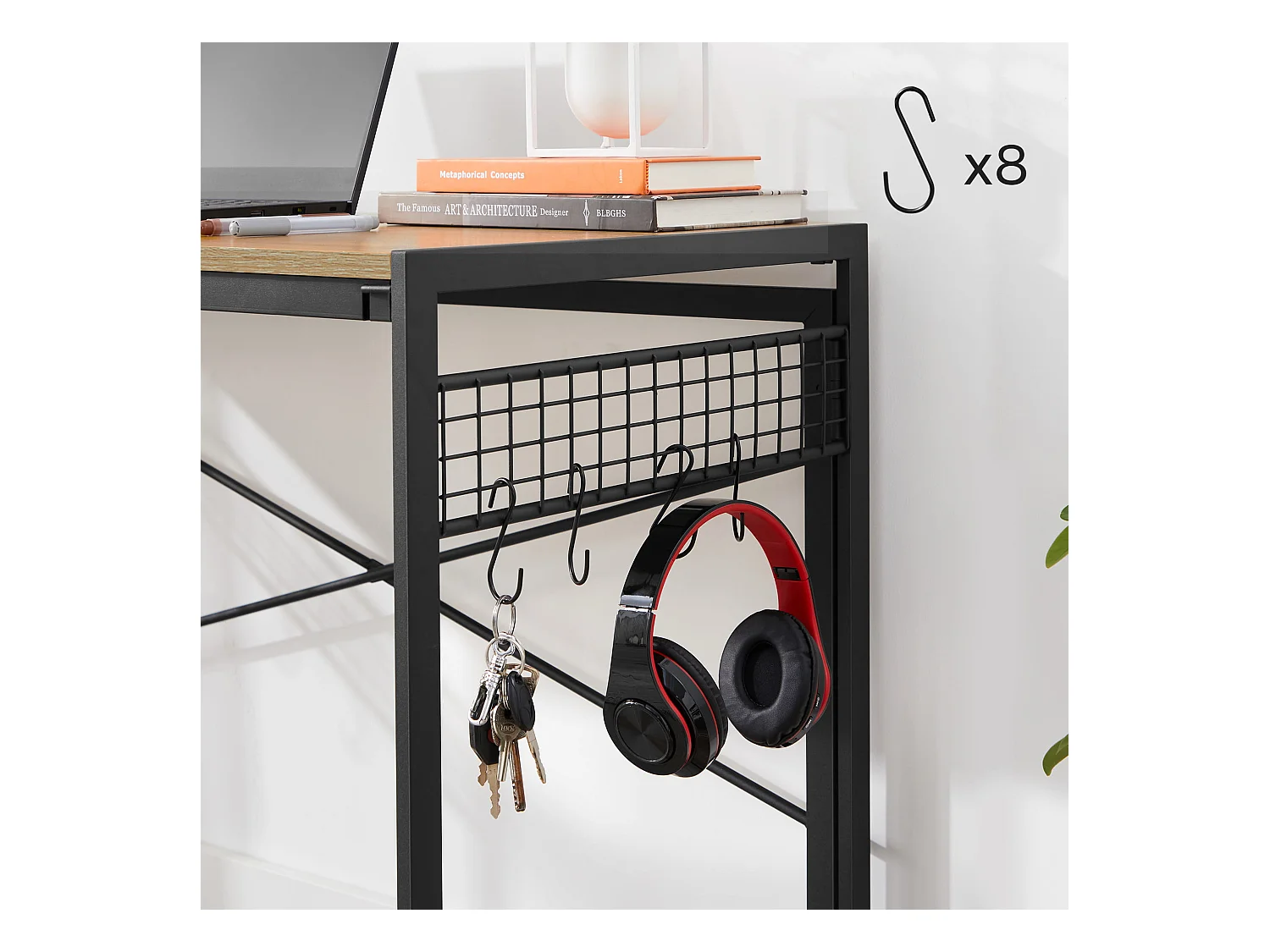 Bureau ordinateur Valora chêne Sonoma cadre acier noir 100x50 avec crochets