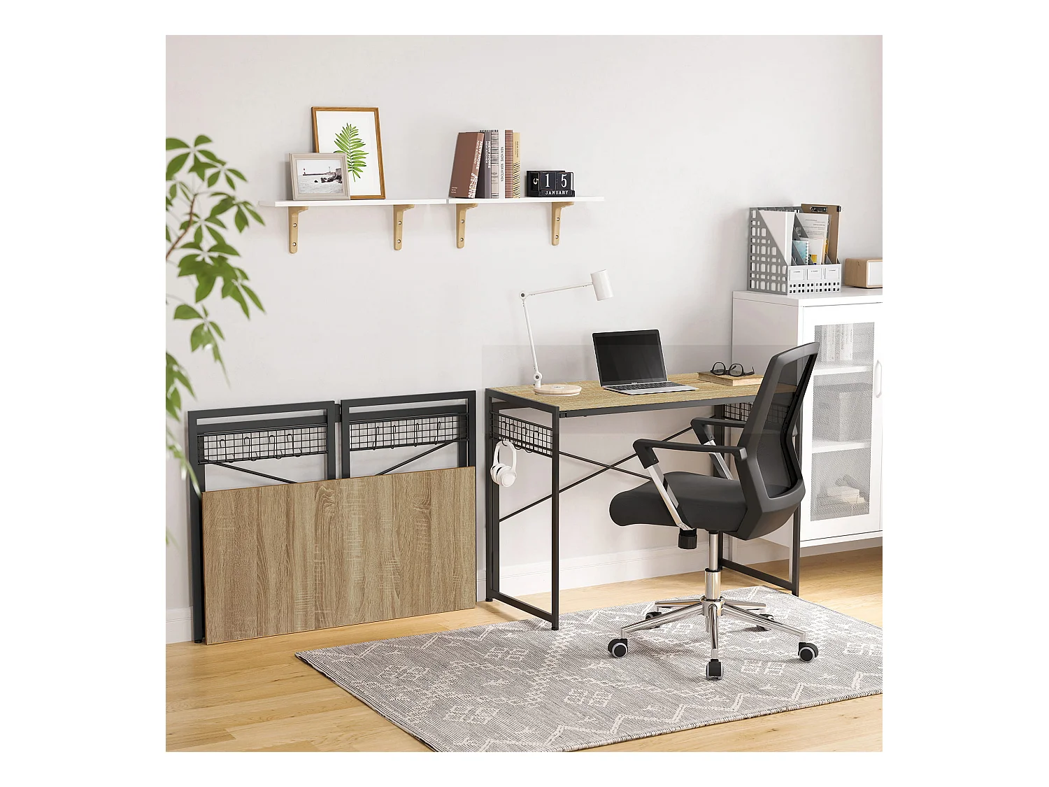 Bureau ordinateur Valora chêne Sonoma cadre acier noir 100x50 avec crochets