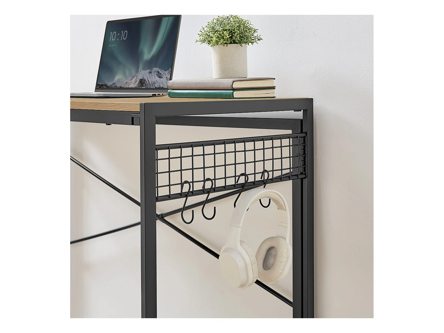 Bureau ordinateur Valora chêne Sonoma cadre acier noir 100x50 avec crochets