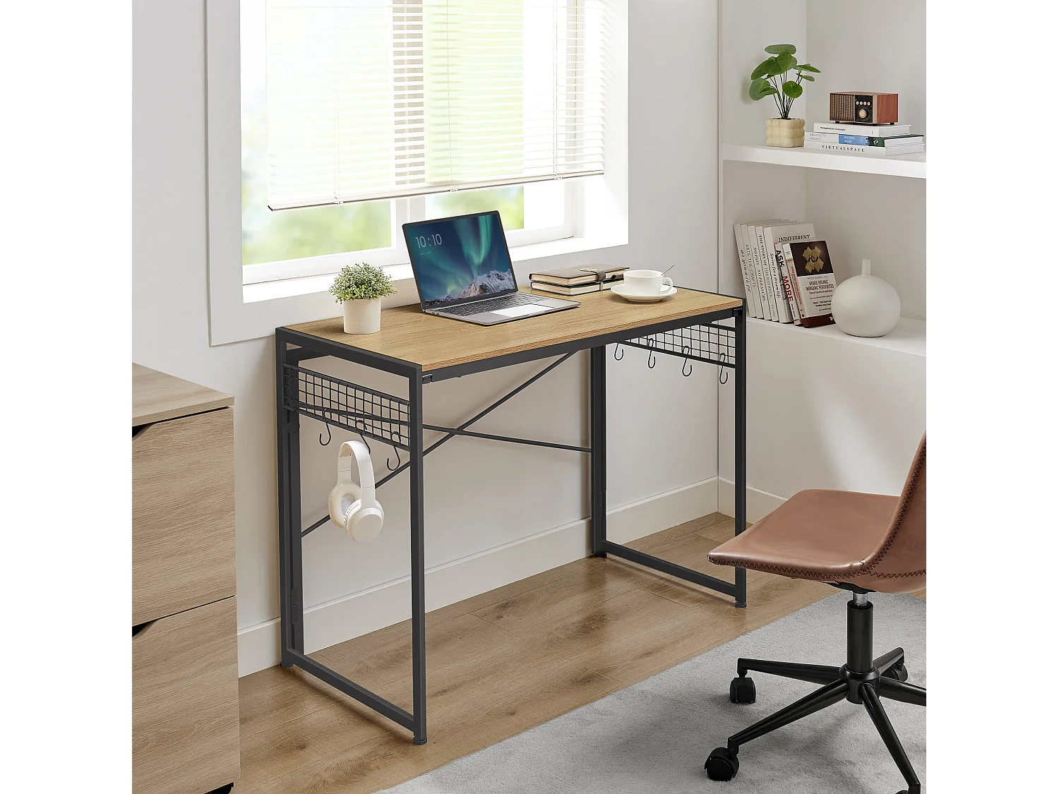 Bureau ordinateur Valora chêne Sonoma cadre acier noir 100x50 avec crochets