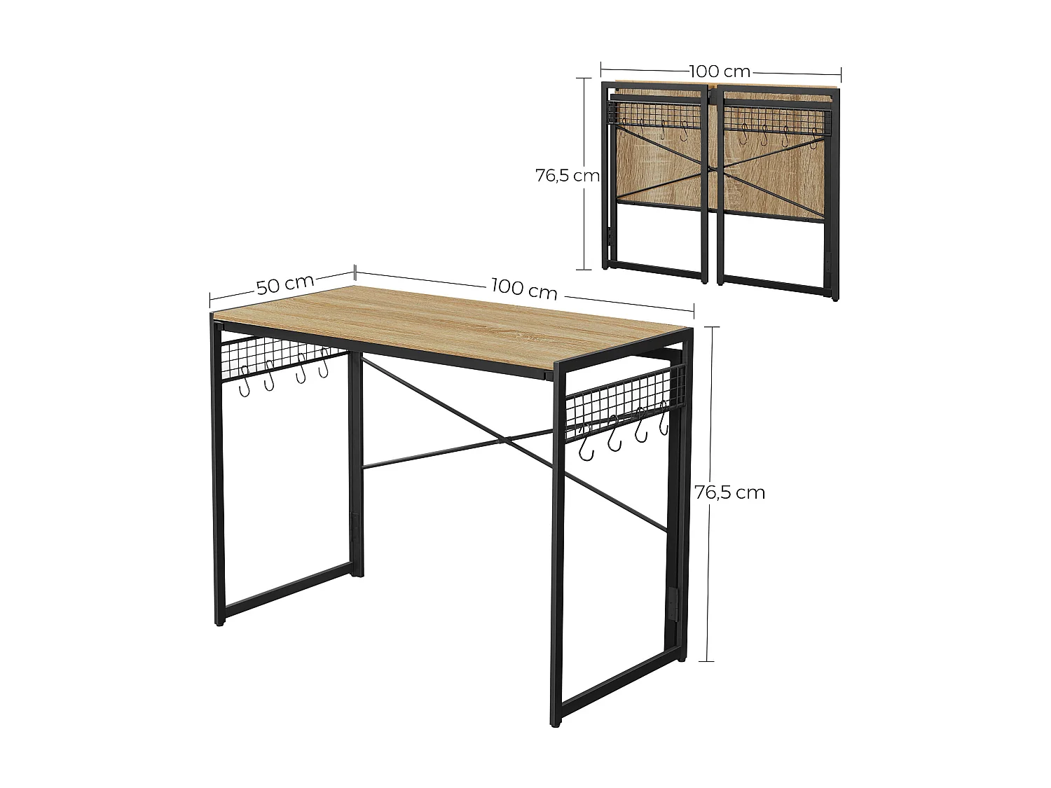 Bureau ordinateur Valora chêne Sonoma cadre acier noir 100x50 avec crochets