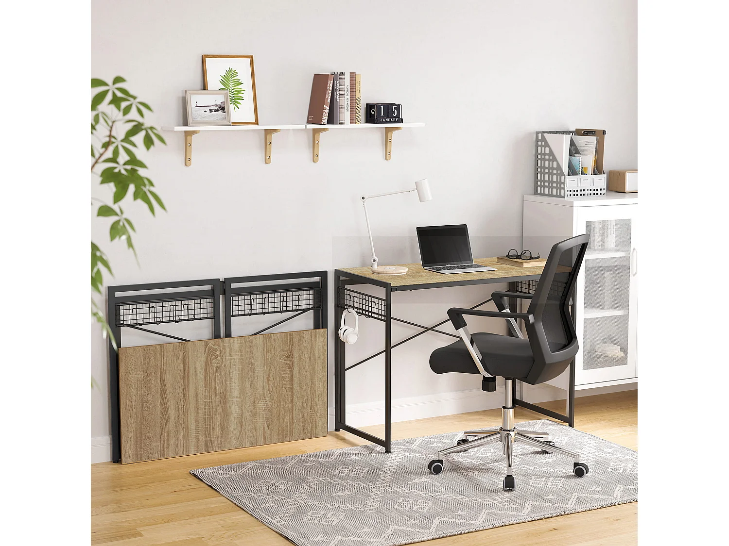 Bureau ordinateur Valora chêne Sonoma cadre acier noir 100x50 avec crochets