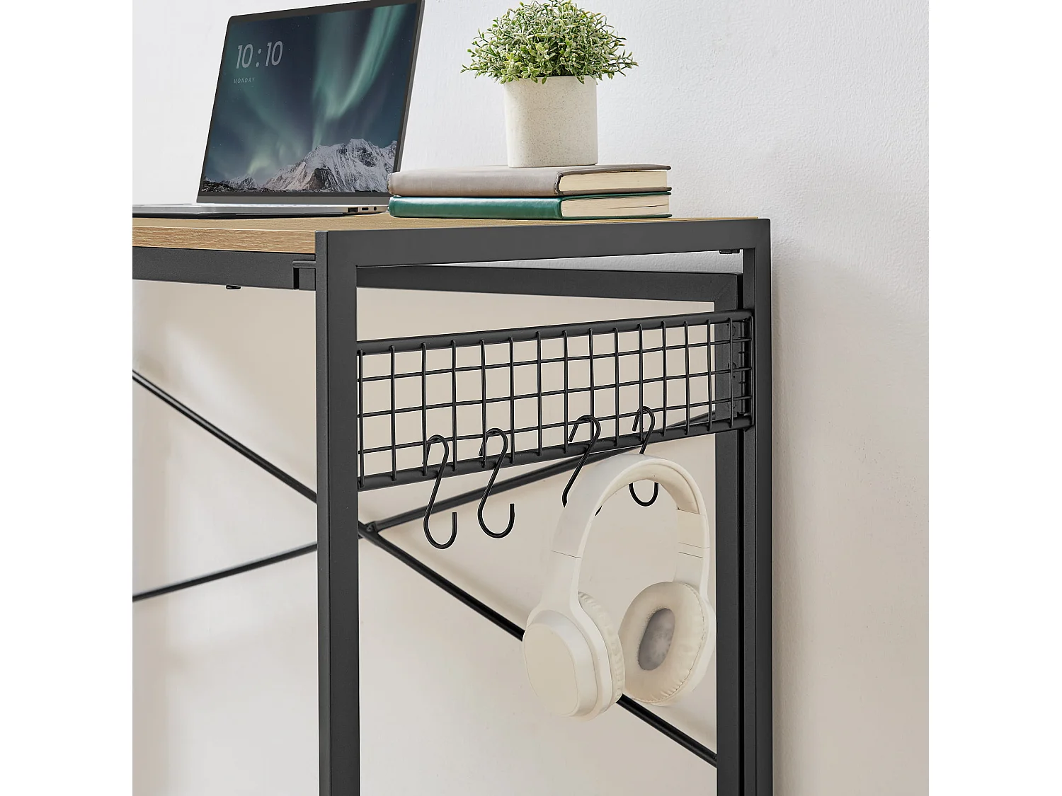 Bureau ordinateur Valora chêne Sonoma cadre acier noir 100x50 avec crochets