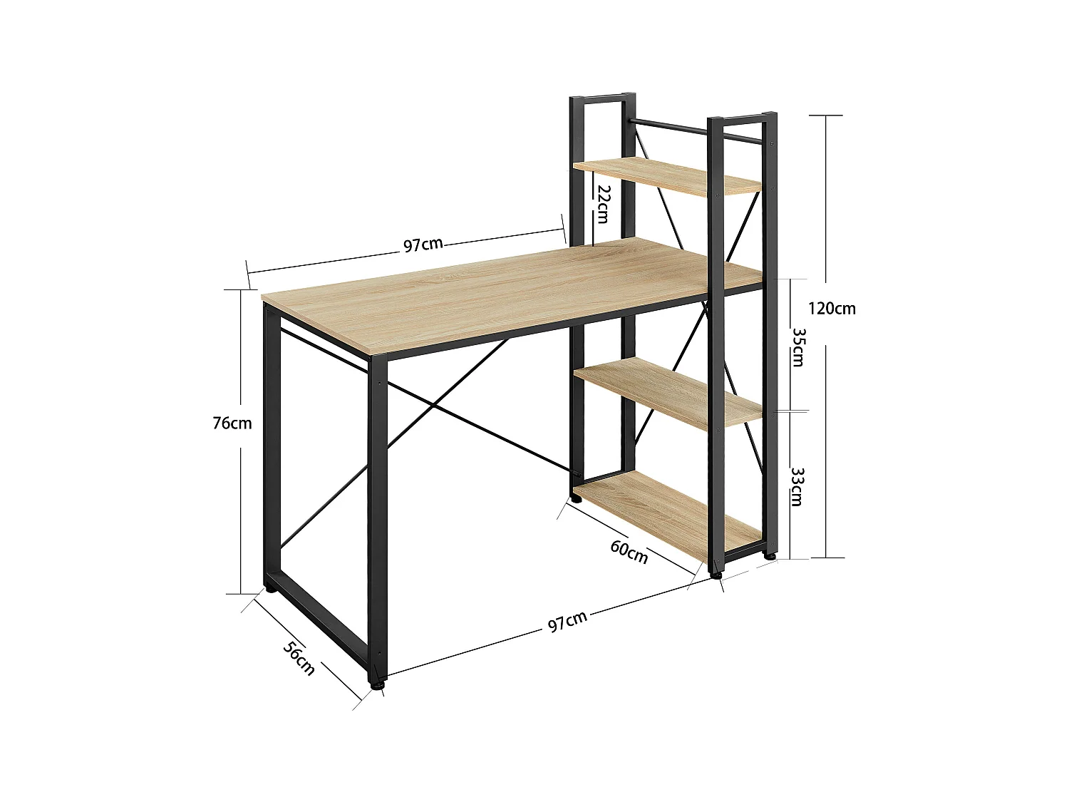 Bureau d'ordinateur Valora – Chêne Sonoma avec 3 étagères, 120 cm