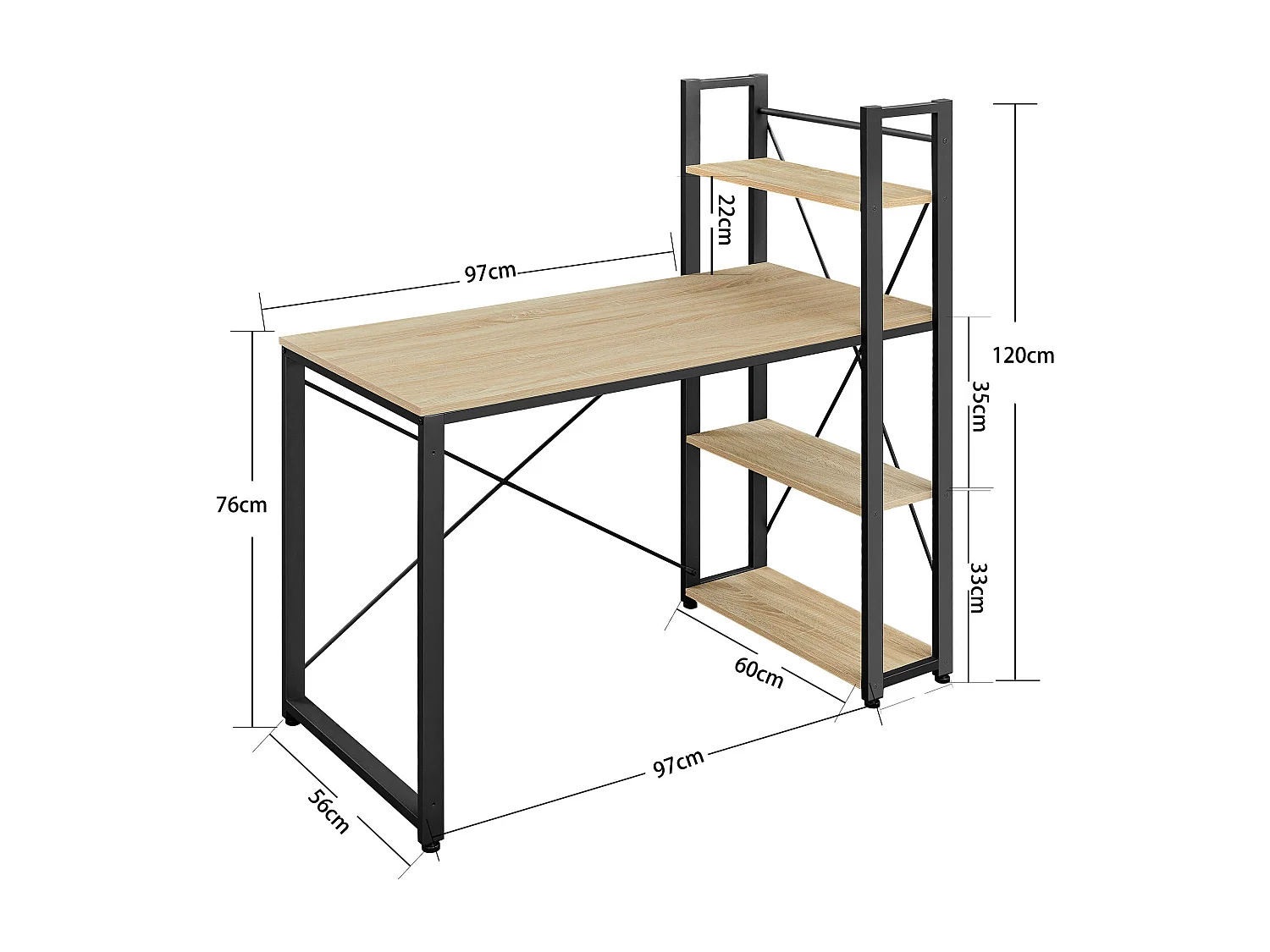 Bureau d'ordinateur Valora – Chêne Sonoma avec 3 étagères, 120 cm