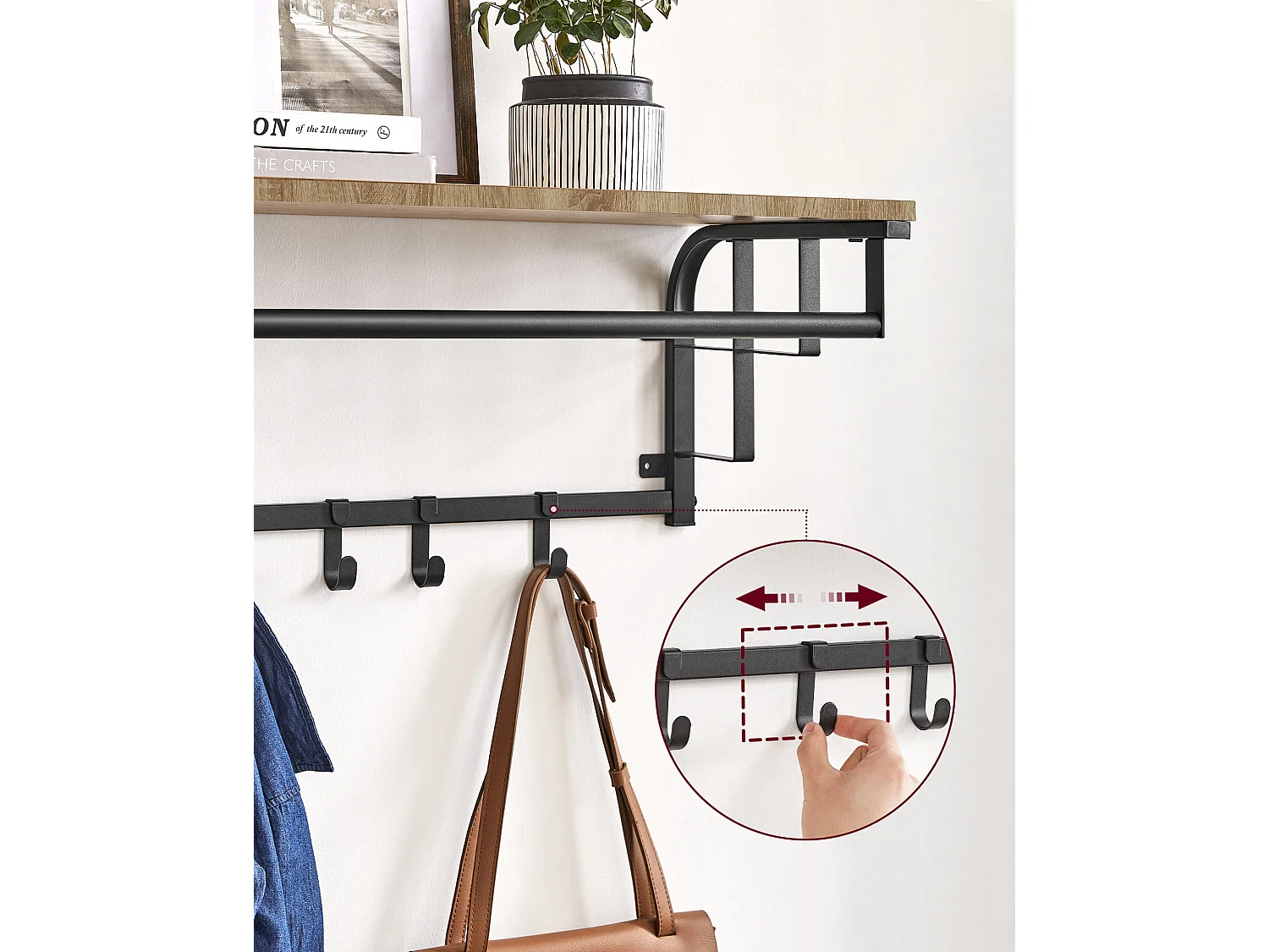 Estante de pared Valora con colgadores – Roble Sonoma con marco negro