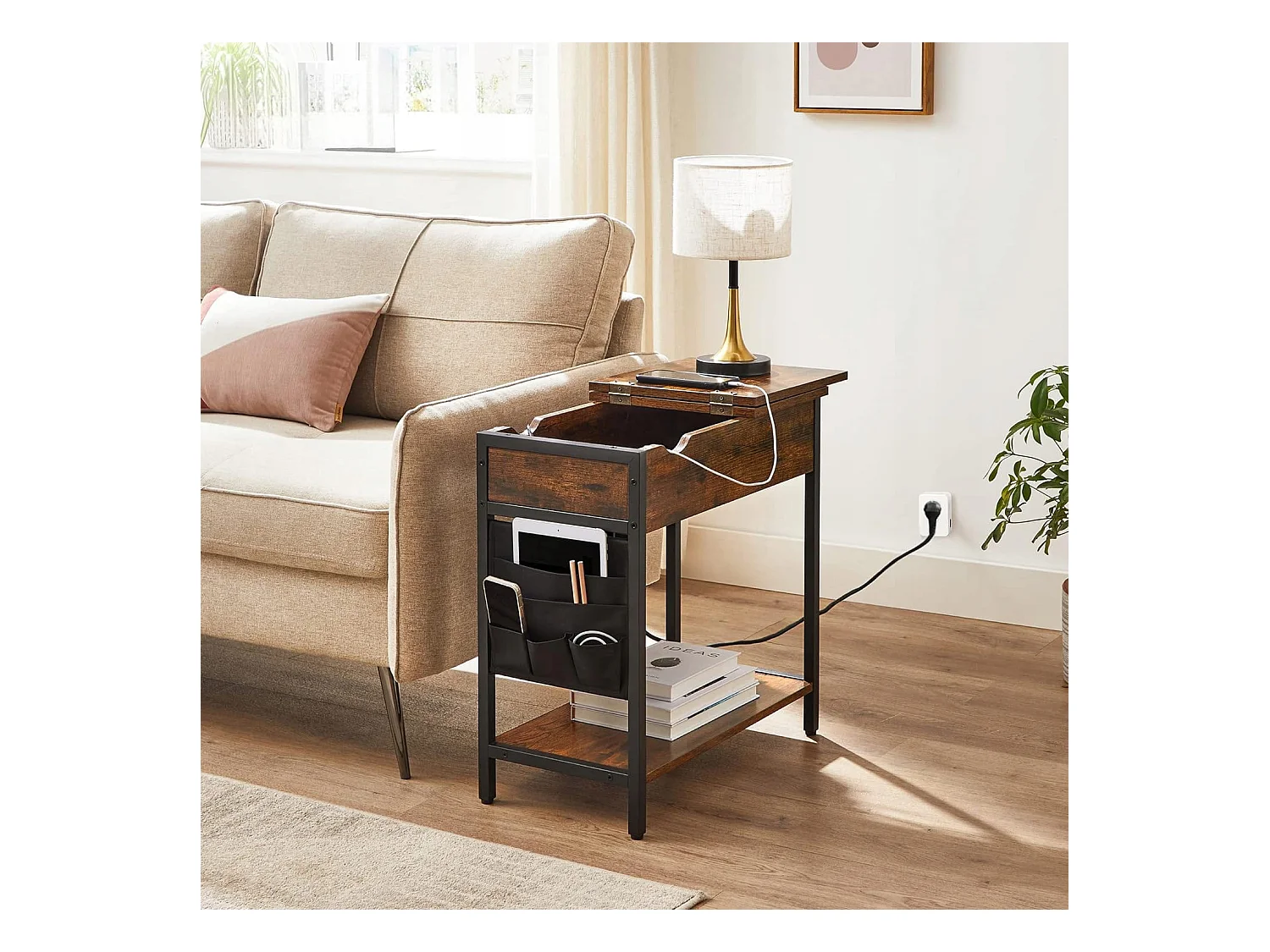 Table d'appoint Valora style loft rustique marron avec étagère | Vintage