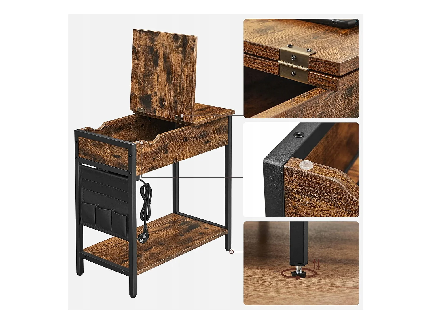 Table d'appoint Valora style loft rustique marron avec étagère | Vintage