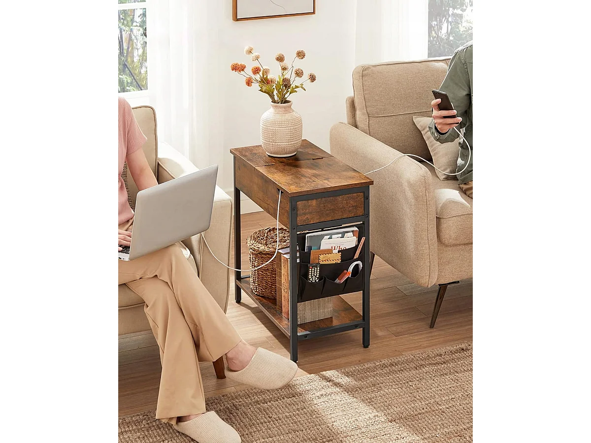 Table d'appoint Valora style loft rustique marron avec étagère | Vintage