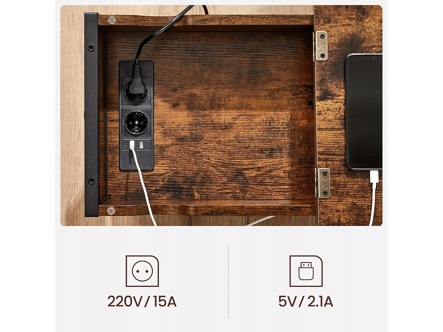 Table d'appoint Valora style loft rustique marron avec étagère | Vintage