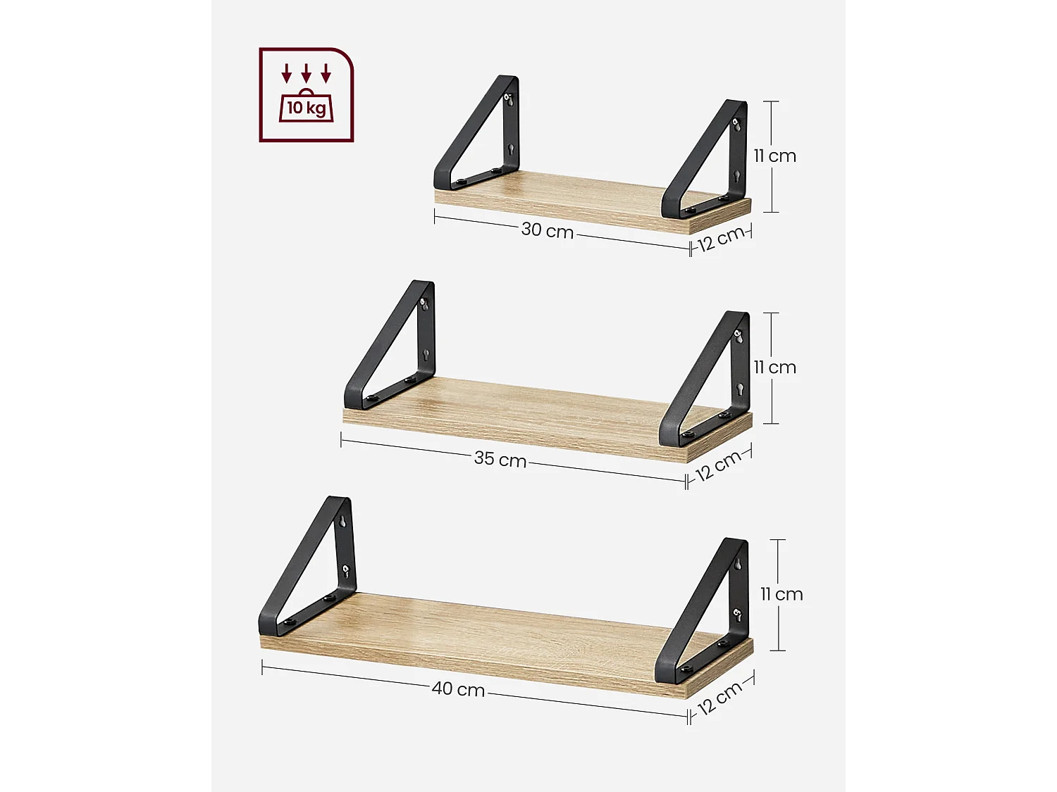 Juego de 3 estantes de pared Valora – Roble Sonoma con marco negro