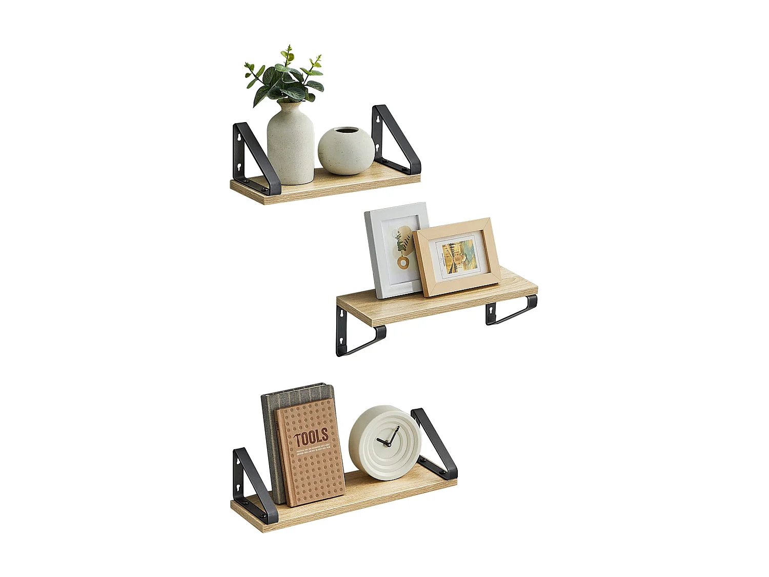 Juego de 3 estantes de pared Valora – Roble Sonoma con marco negro