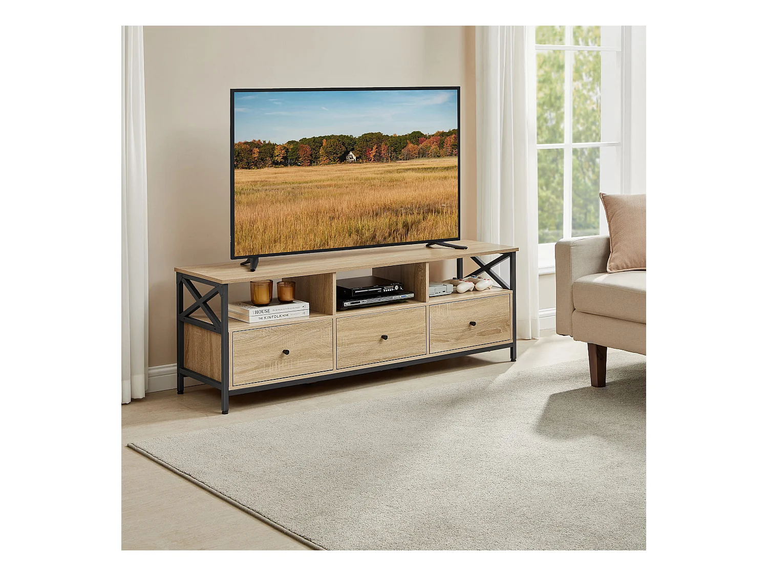 Meuble TV Valora avec tiroirs, rangement et étagères pour le salon