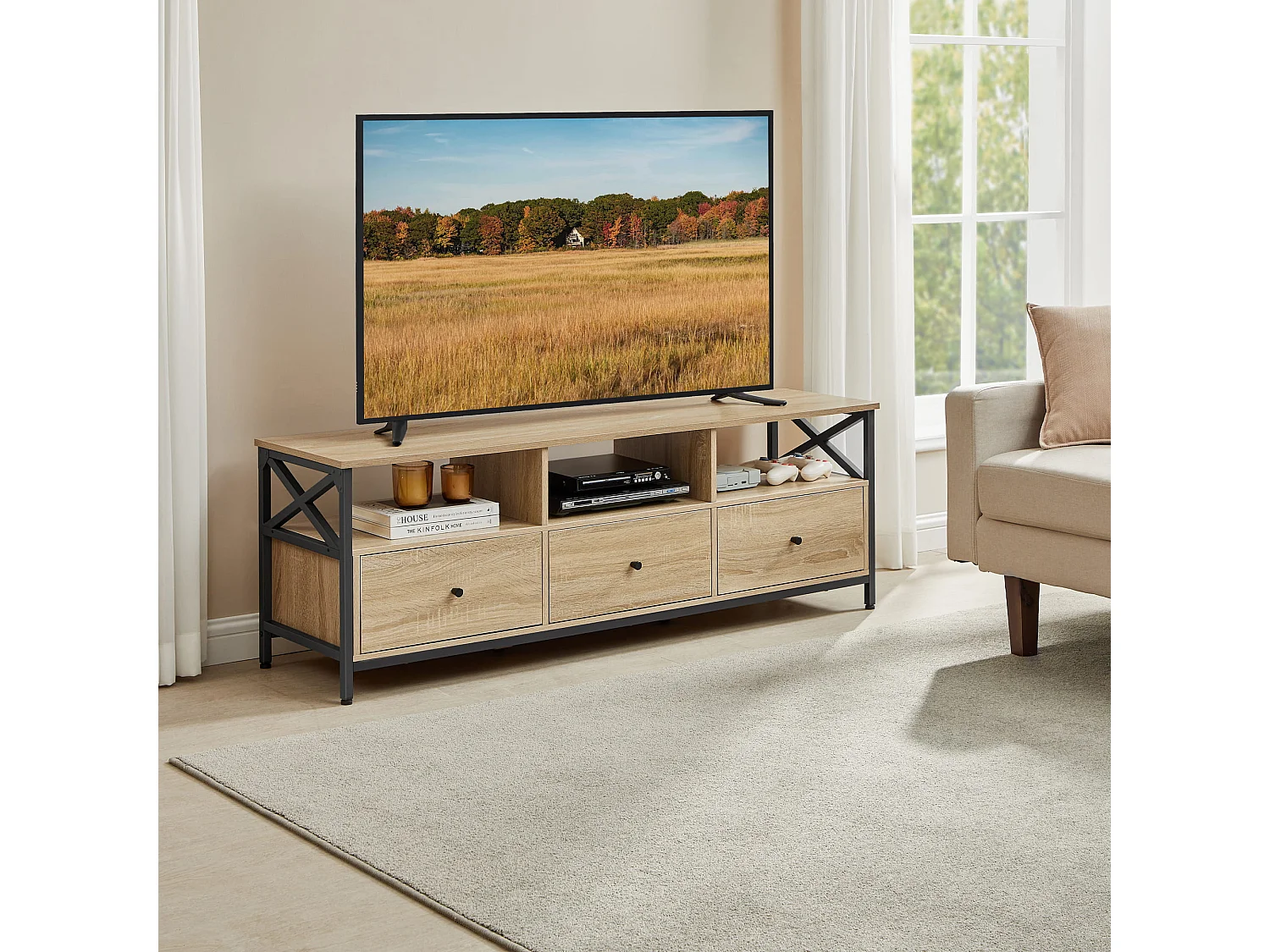 Meuble TV Valora avec tiroirs, rangement et étagères pour le salon