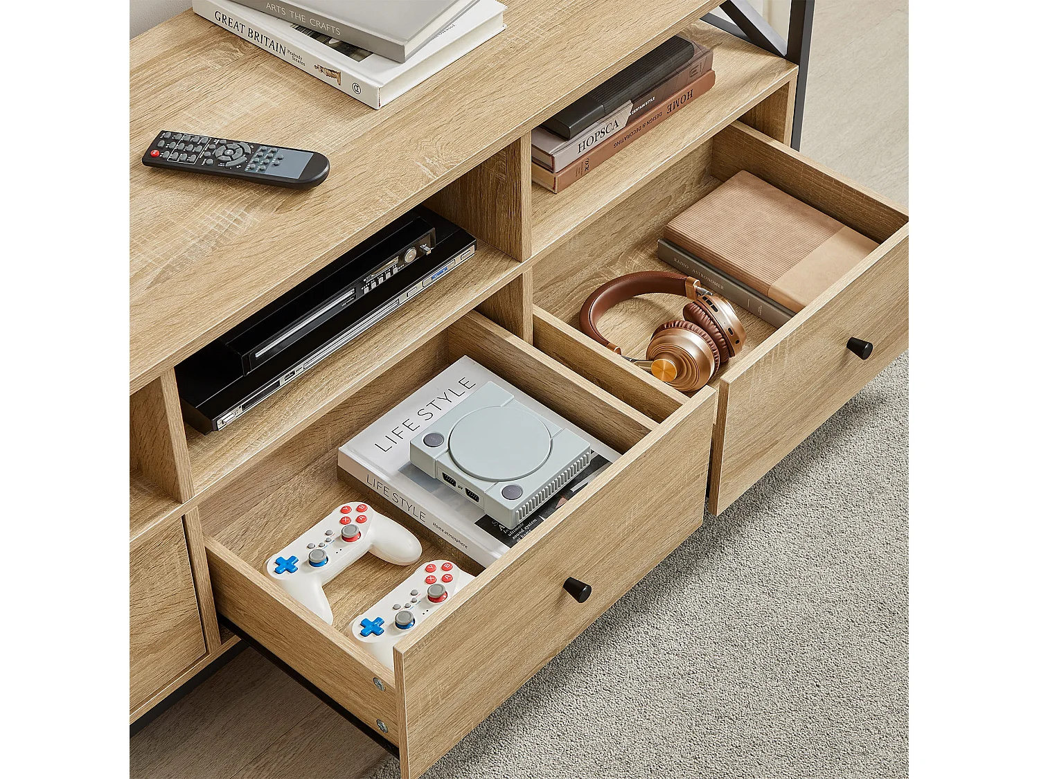 Meuble TV Valora avec tiroirs, rangement et étagères pour le salon