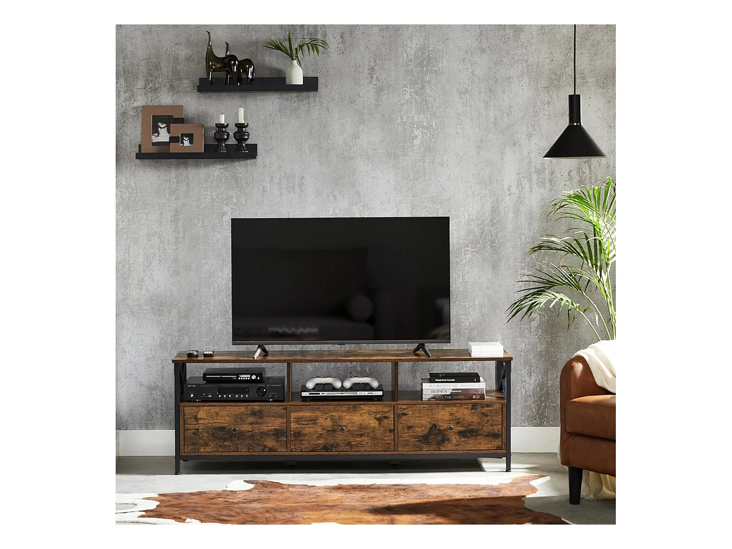 Meuble TV rustique marron avec tiroirs et étagères Valora