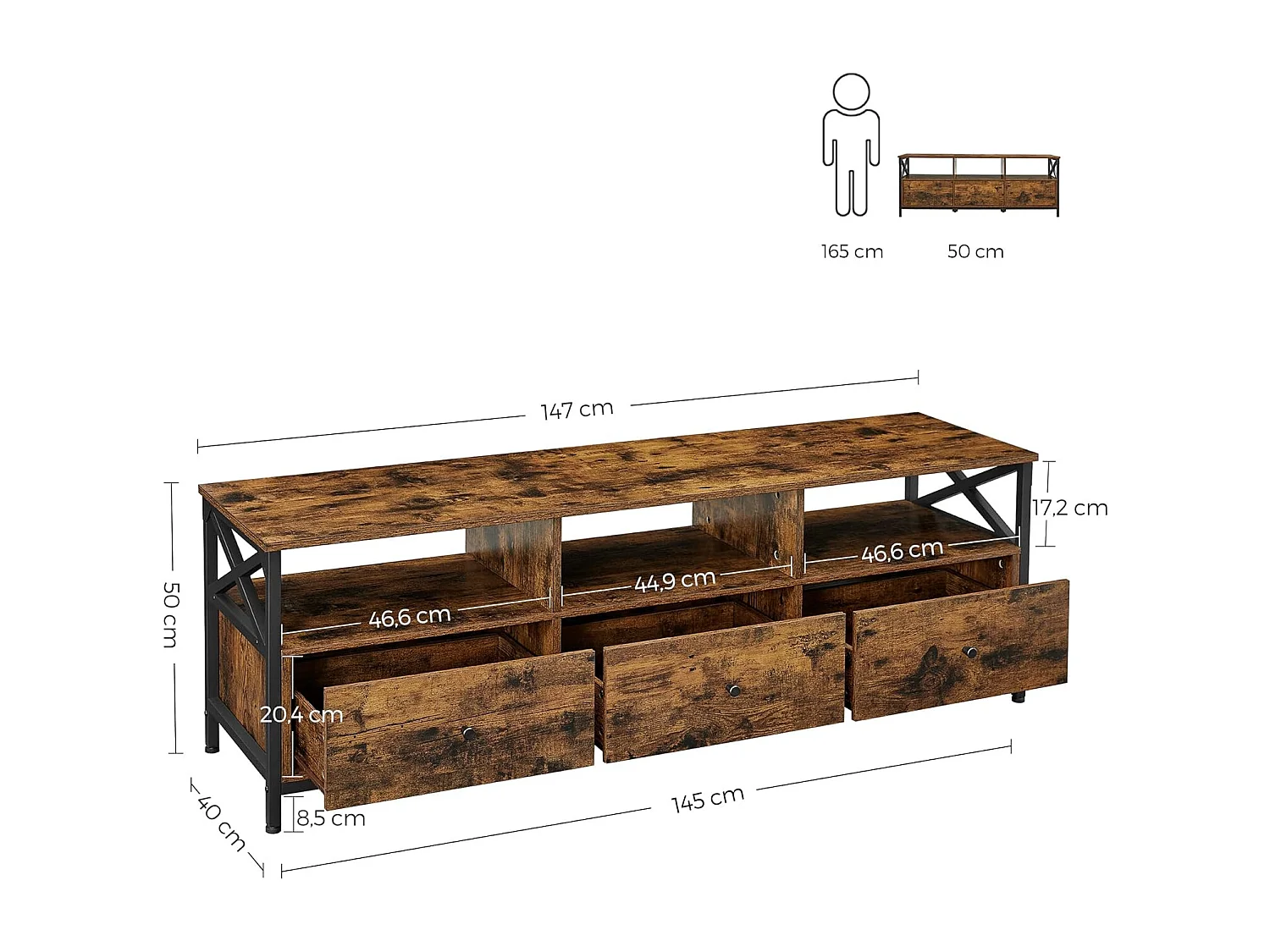 Meuble TV rustique marron avec tiroirs et étagères Valora