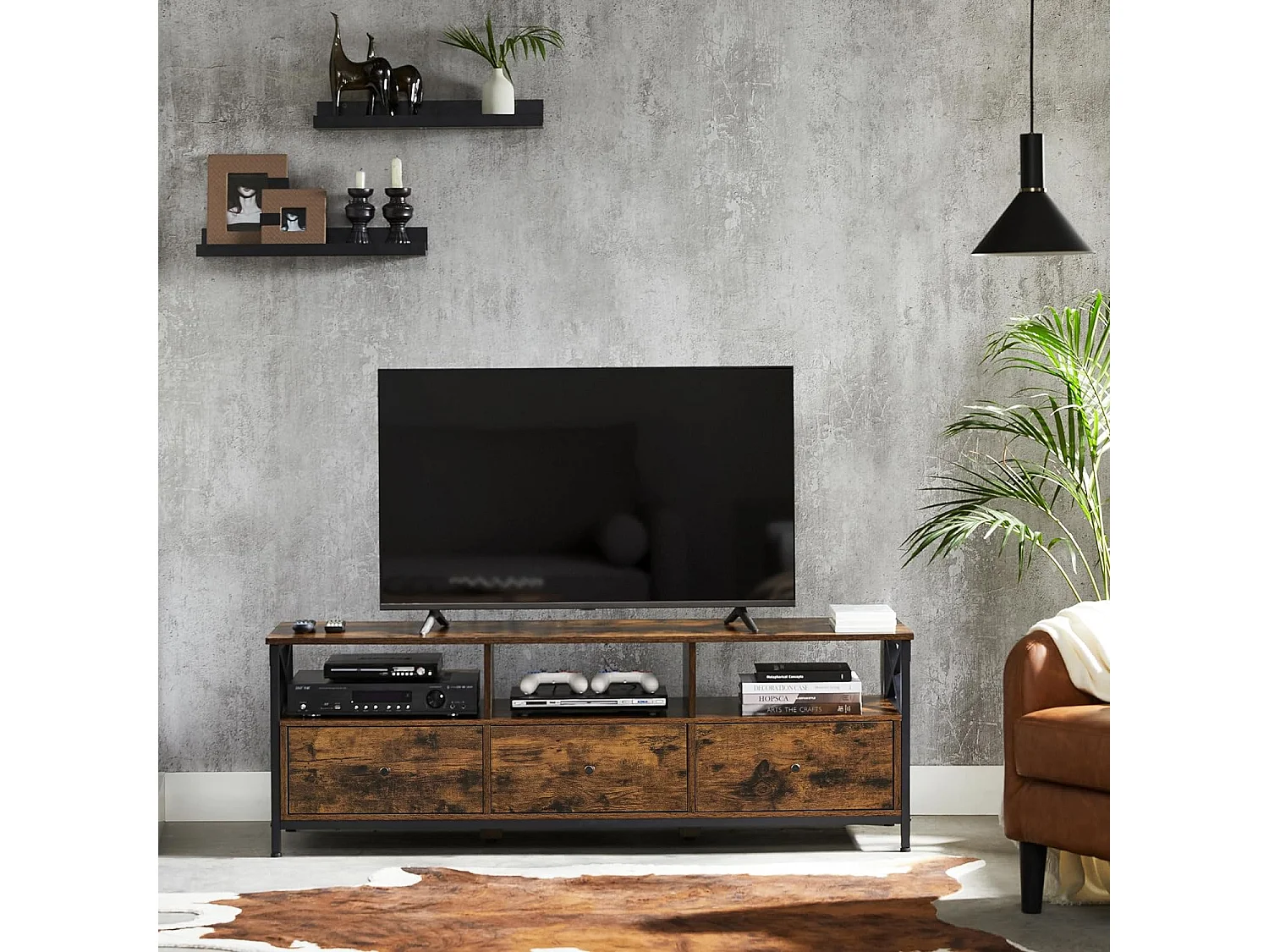 Meuble TV rustique marron avec tiroirs et étagères Valora