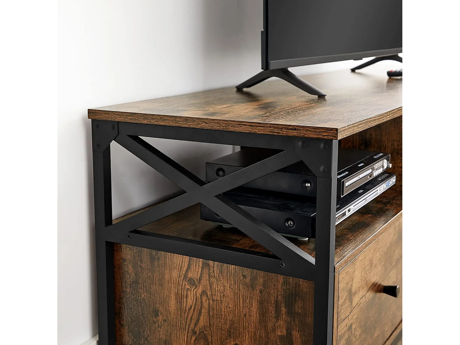 Meuble TV rustique marron avec tiroirs et étagères Valora