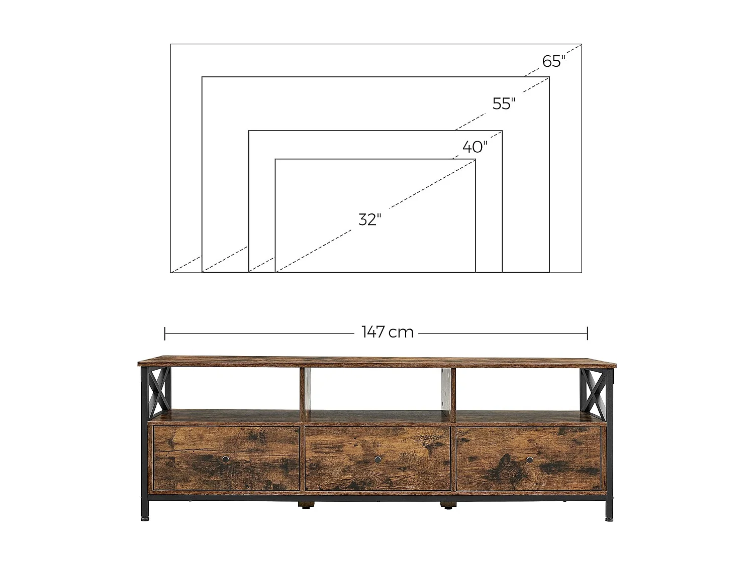 Meuble TV rustique marron avec tiroirs et étagères Valora