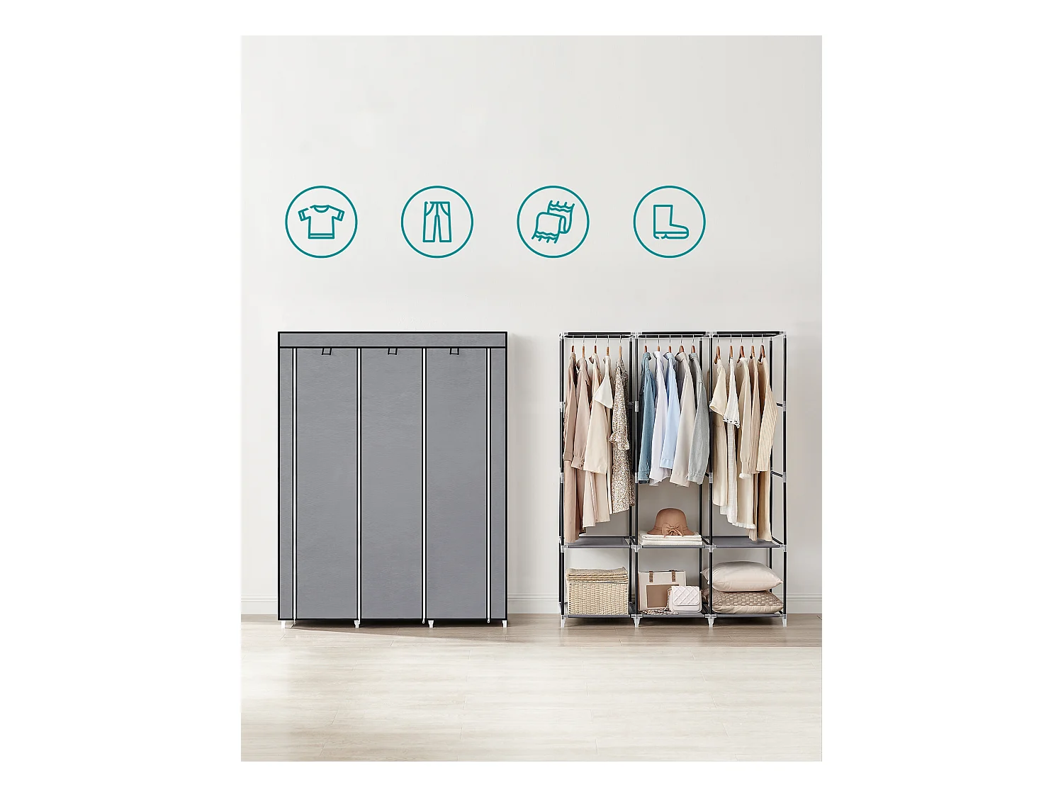 Armoire textile Valora grise 3 portes avec étagères et tringles de suspension