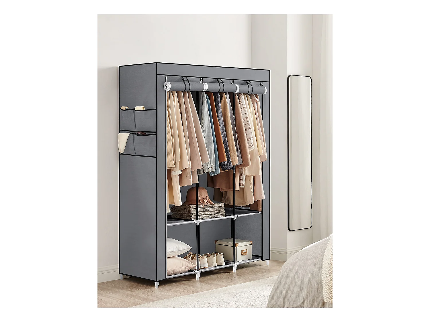Armoire textile Valora grise 3 portes avec étagères et tringles de suspension