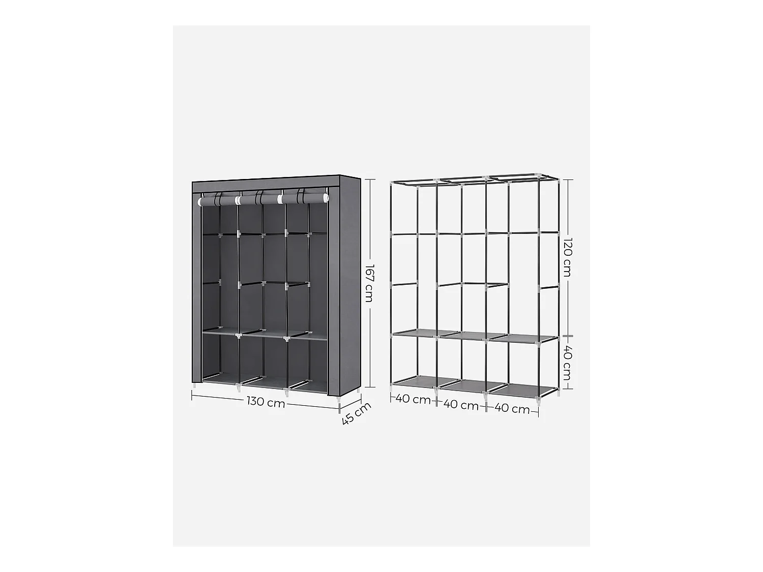 Armoire textile Valora grise 3 portes avec étagères et tringles de suspension
