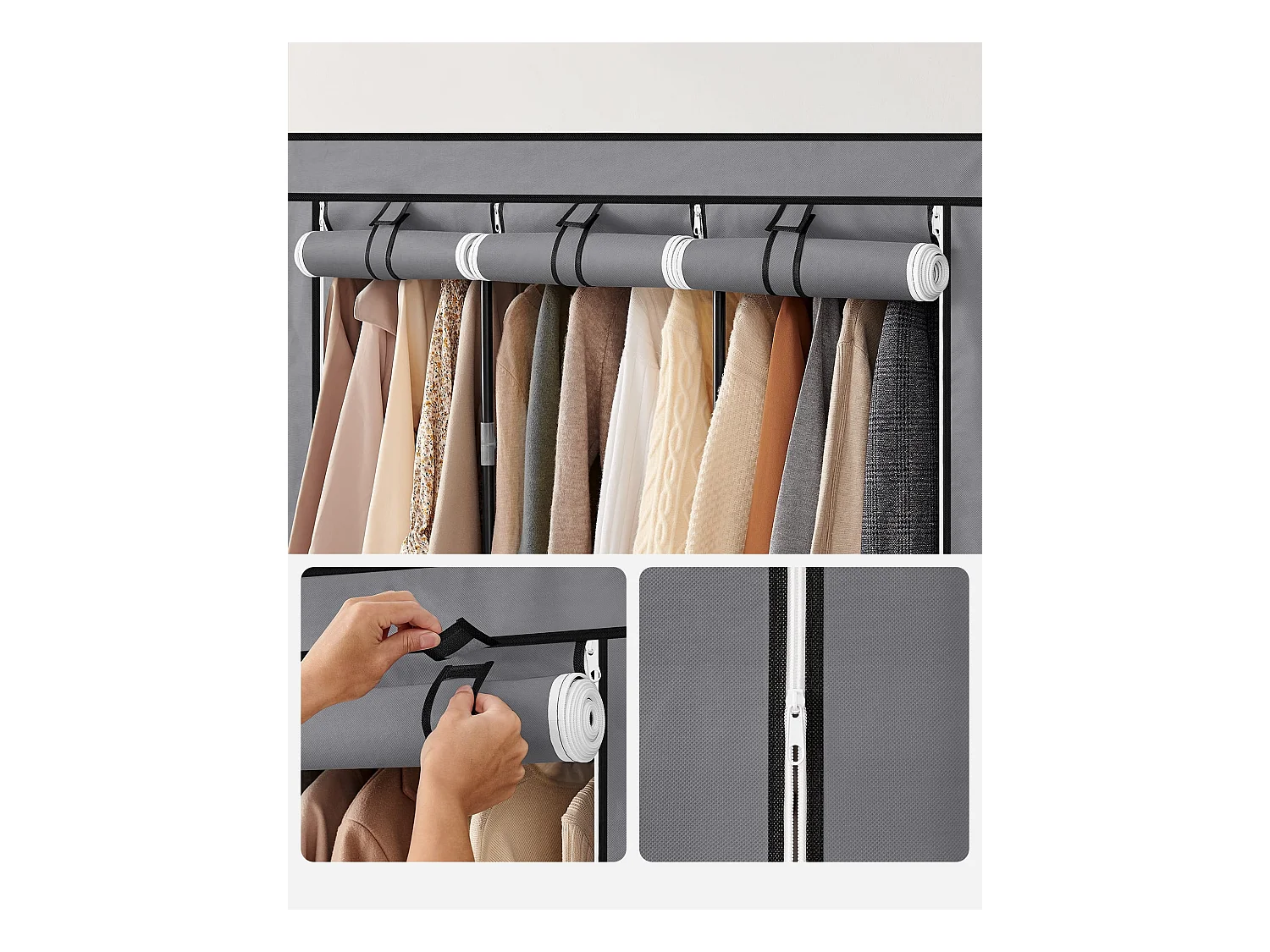 Armoire textile Valora grise 3 portes avec étagères et tringles de suspension