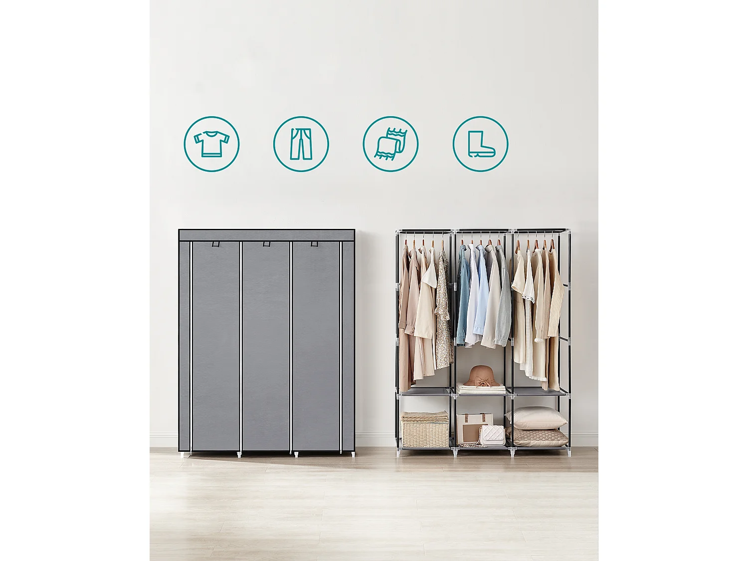 Armoire textile Valora grise 3 portes avec étagères et tringles de suspension