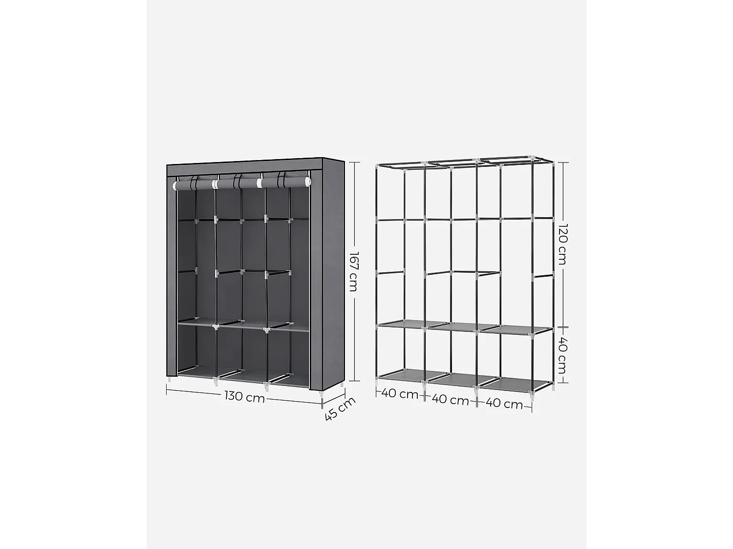 Armoire textile Valora grise 3 portes avec étagères et tringles de suspension