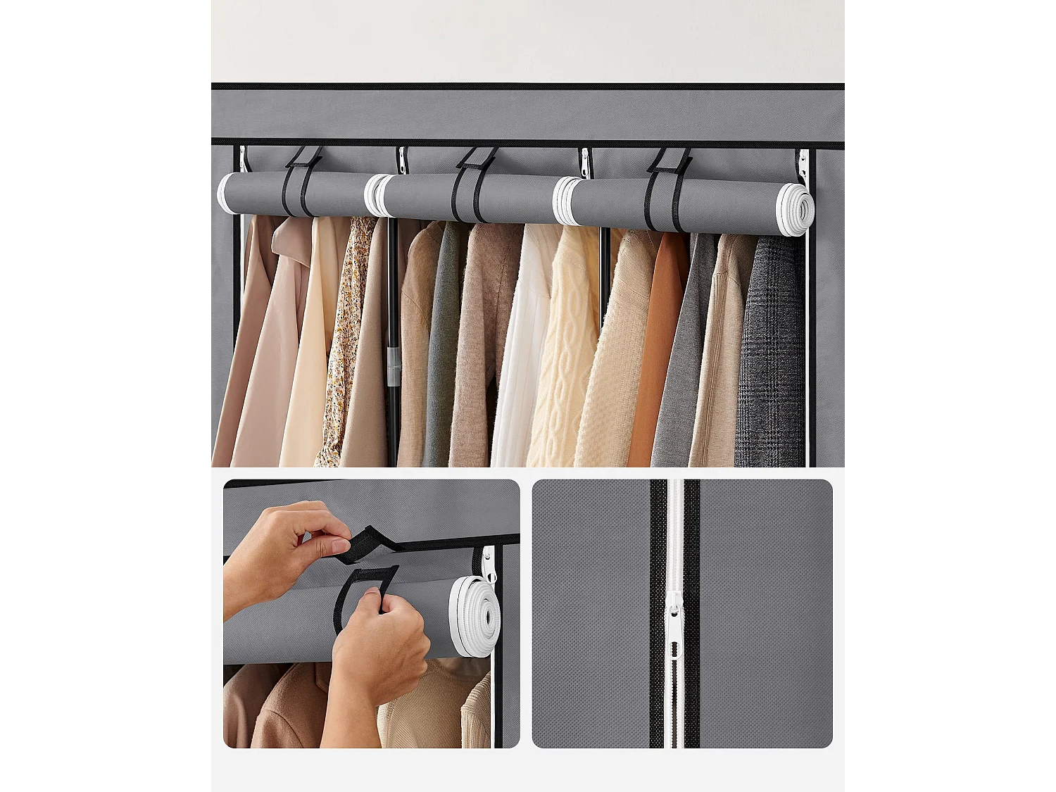 Armoire textile Valora grise 3 portes avec étagères et tringles de suspension