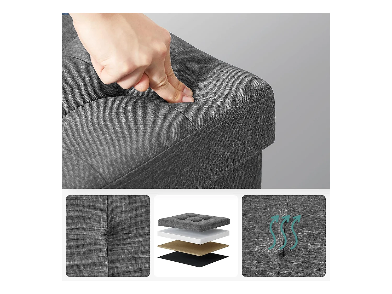 Pouf de rangement Valora gris foncé avec siège rabattable pour salon