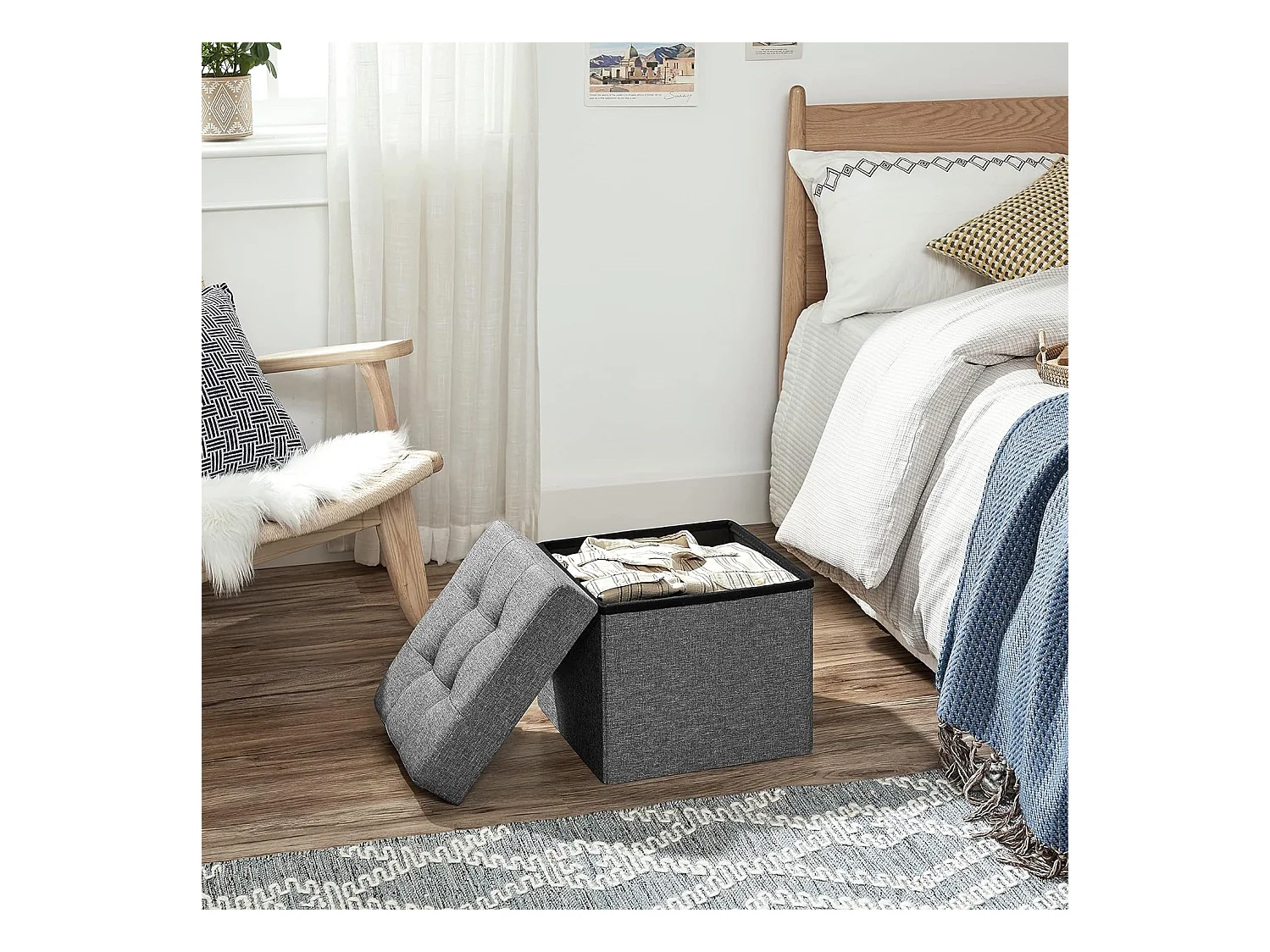 Pouf de rangement Valora gris foncé avec siège rabattable pour salon