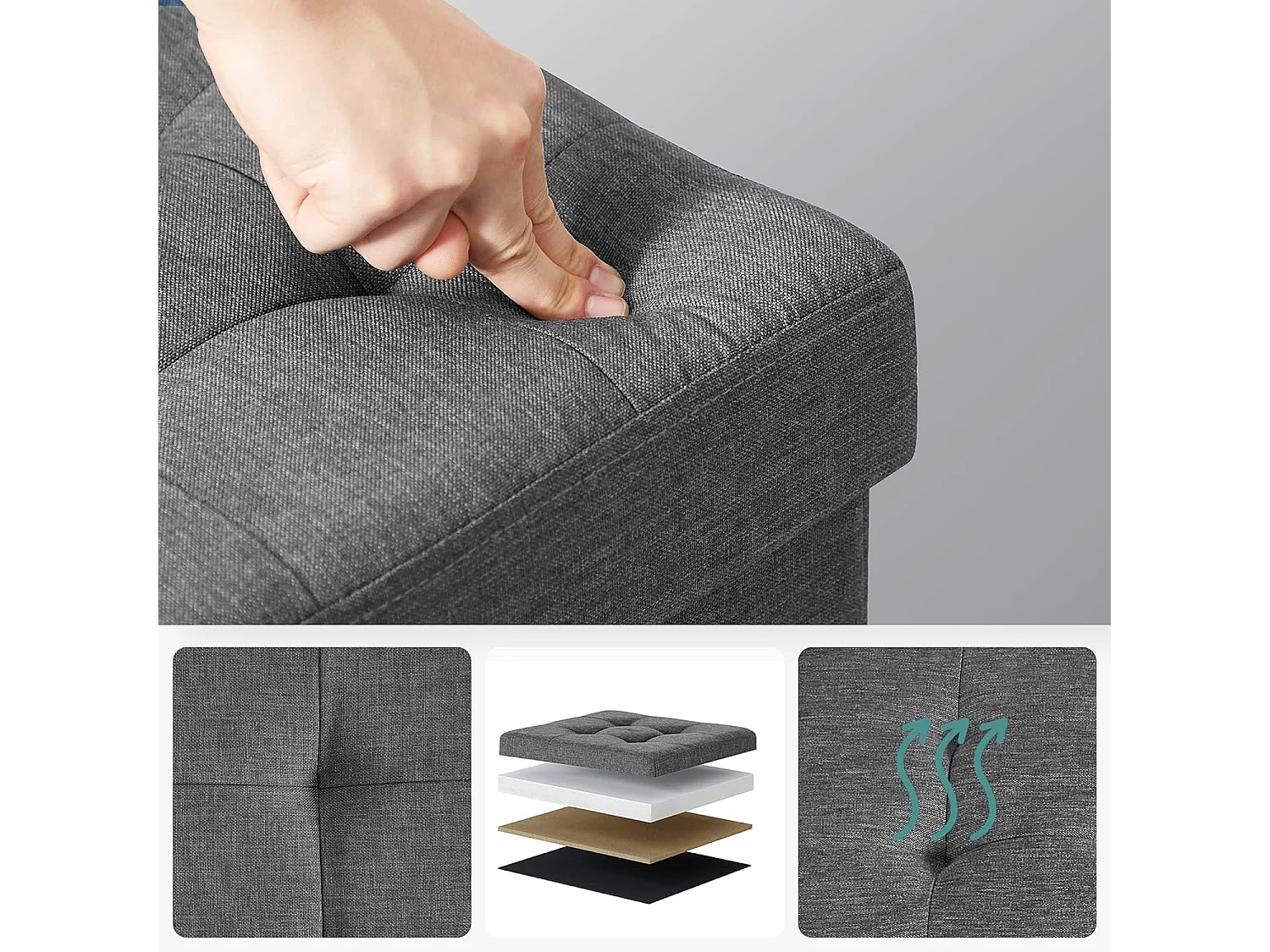 Pouf de rangement Valora gris foncé avec siège rabattable pour salon