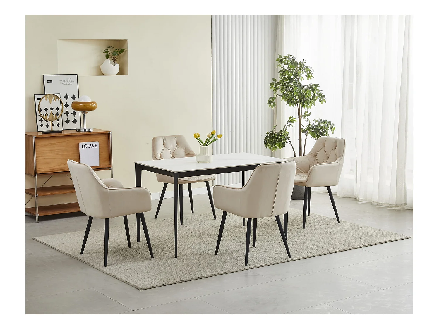 Chaises de salle à manger Valora LUKK – Velours beige avec pieds noirs x2