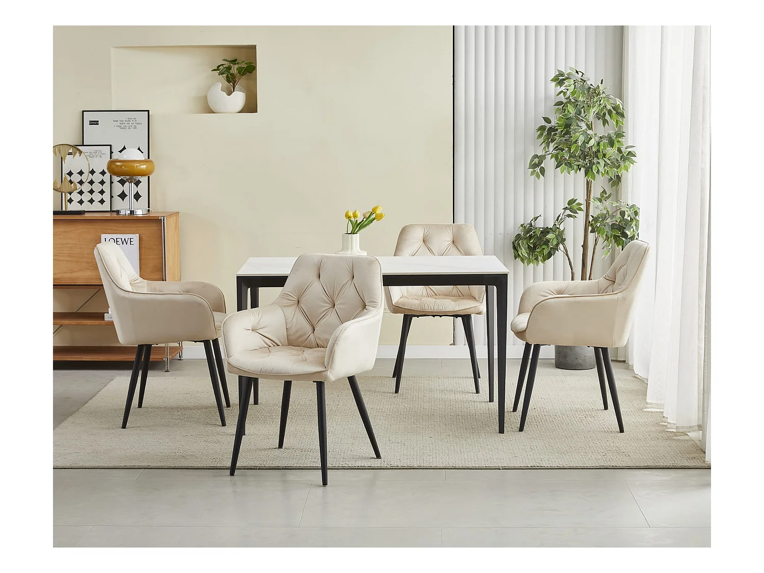 Chaises de salle à manger Valora LUKK – Velours beige avec pieds noirs x2