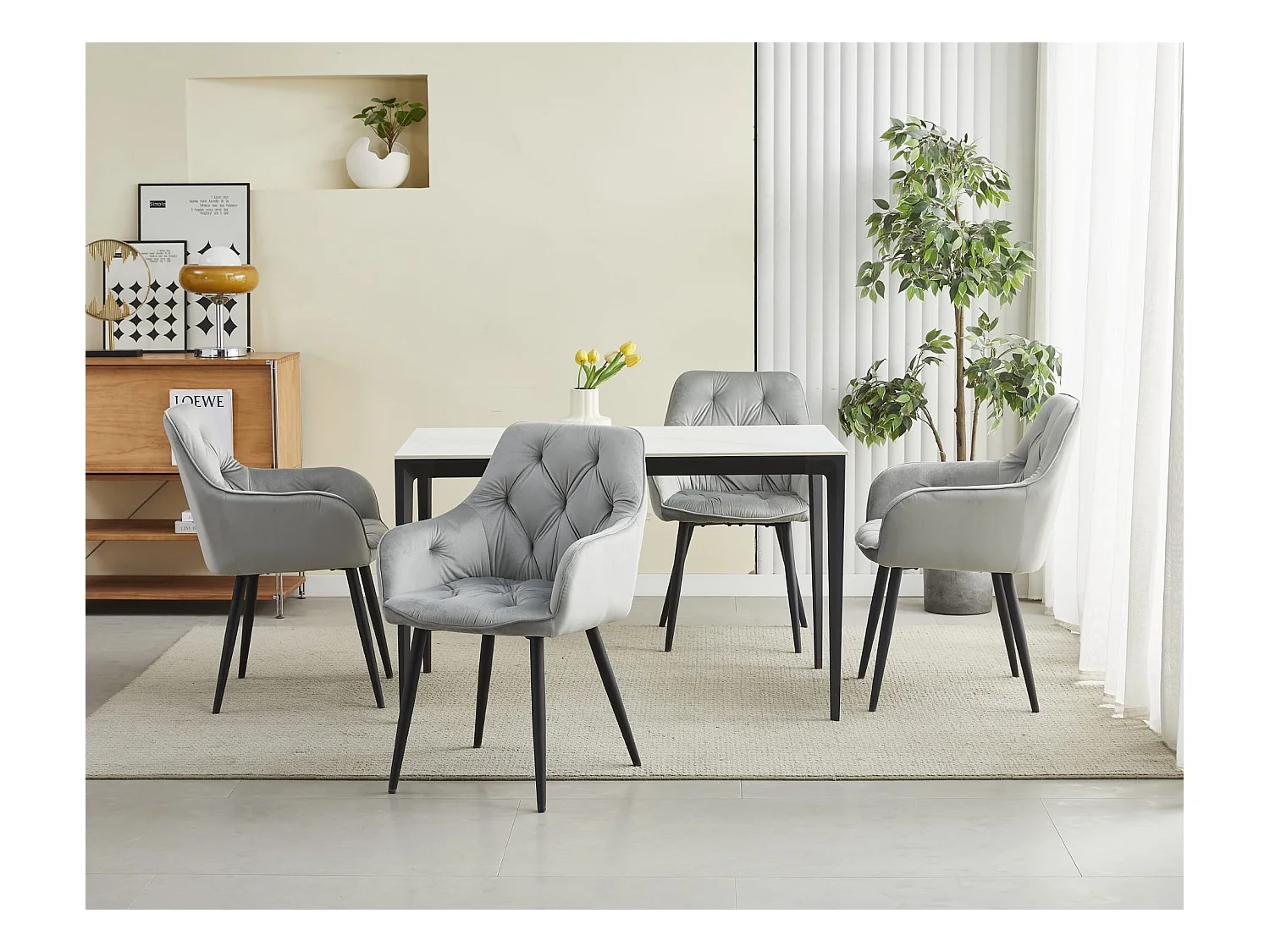 Chaises de salle à manger Valora LUKK – Velours gris argenté avec pieds noirs x 2