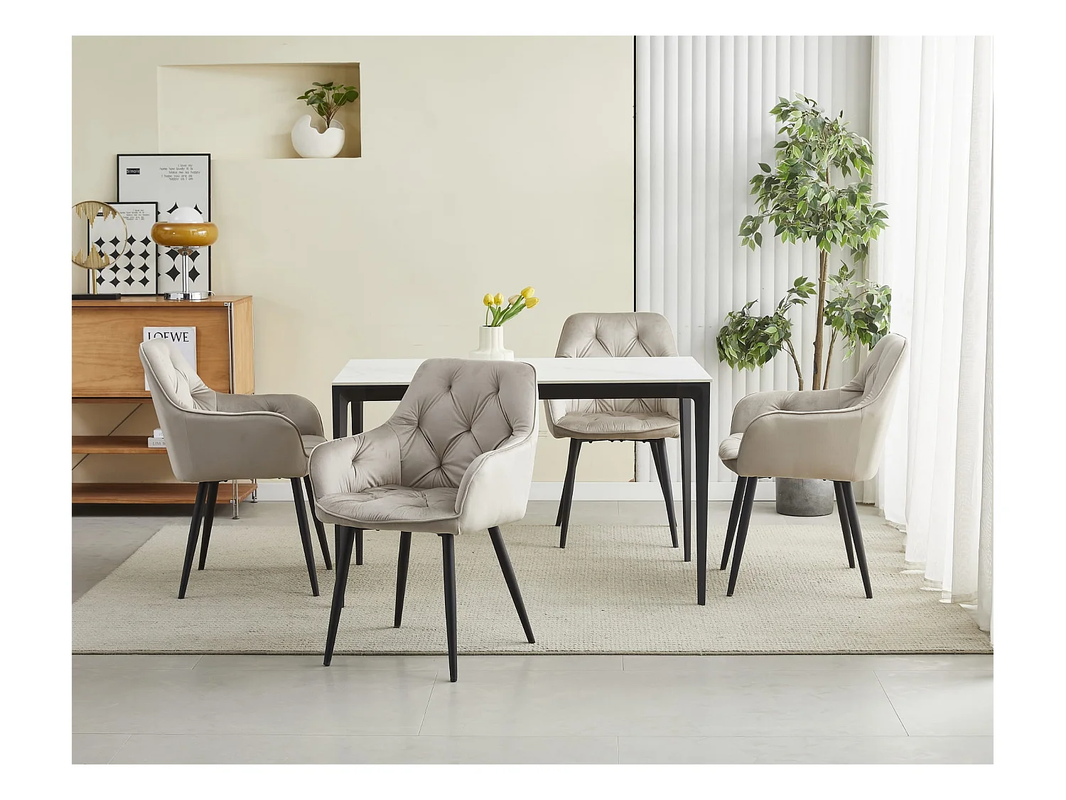 Chaises de salle à manger Valora LUKK – Velours beige foncé avec pieds noirs x2