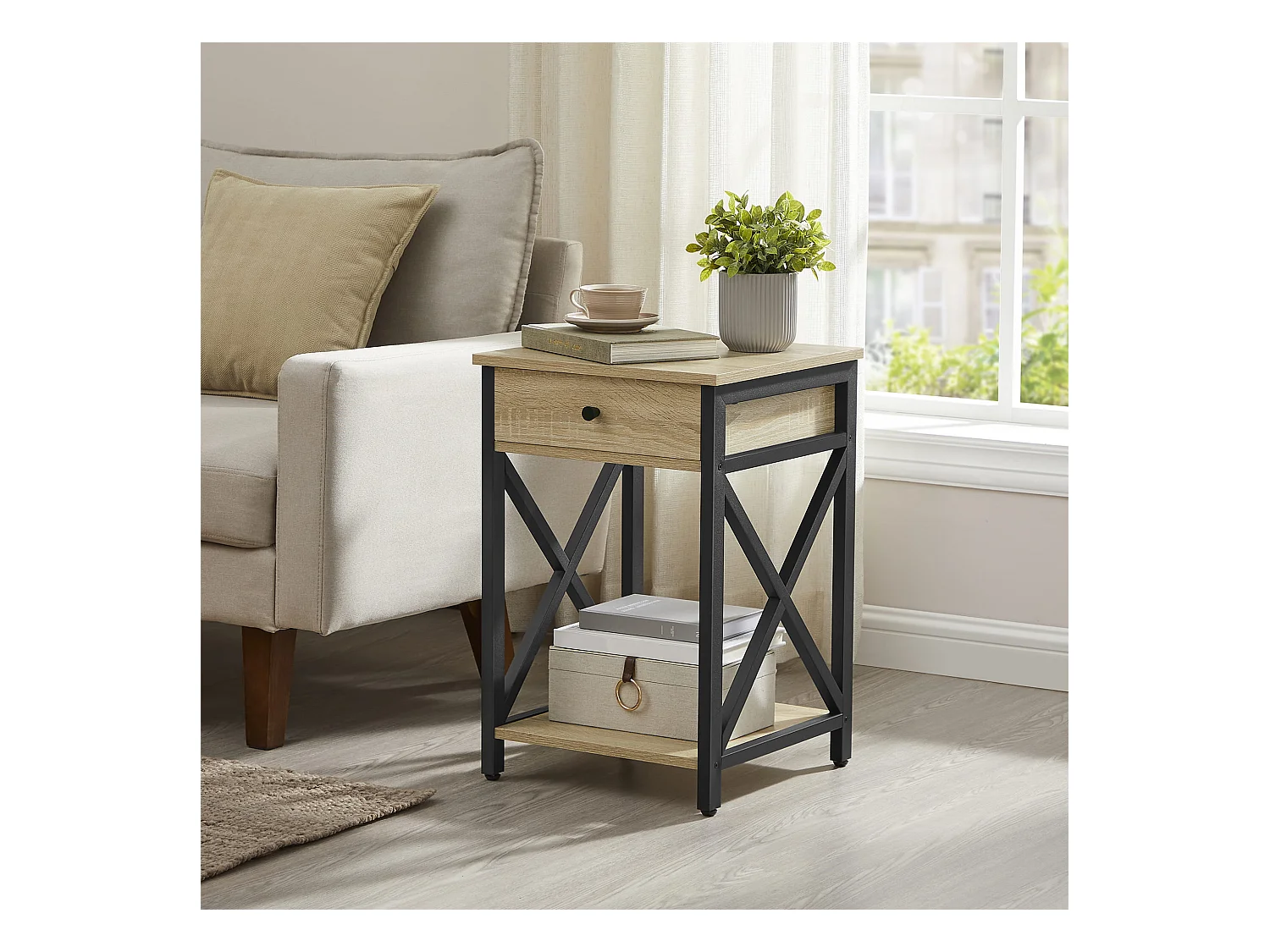 Nachtkastje Valora met lade – Zwart frame met verstelbare poten