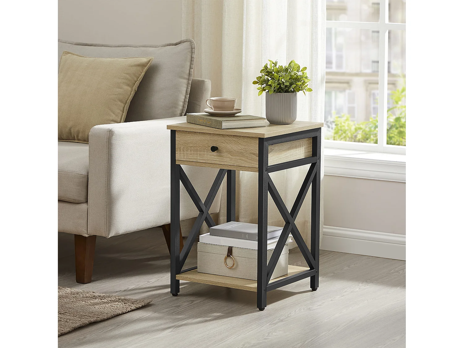 Nachtkastje Valora met lade – Zwart frame met verstelbare poten