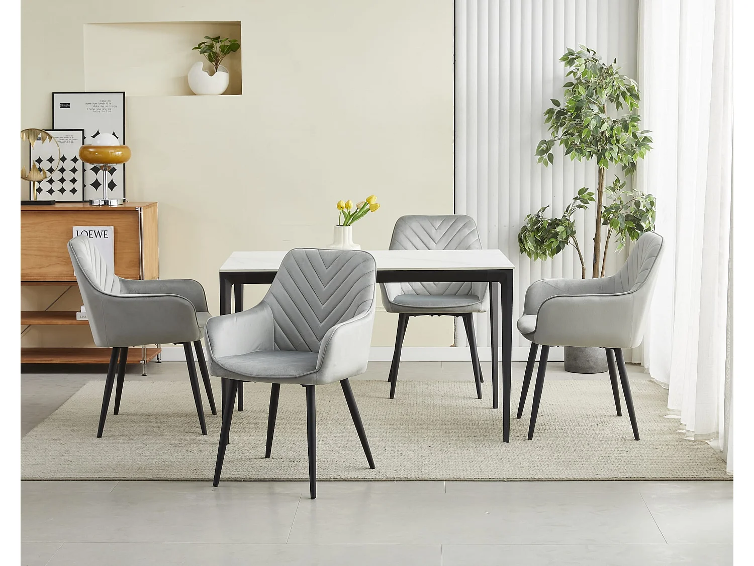 Valora WAAV eetkamerstoelen – zilvergrijs fluweel met zwarte poten x 2